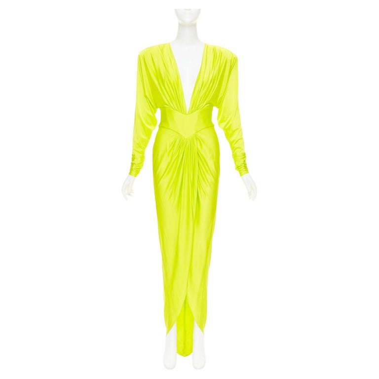 Alexandre Vauthier Neon Yellow Viscose Power Shoulder Plunge Drape Dress Alexandre Vauthier Neon Yellow Viscose Power Shoulder Plunge Drape Dress
