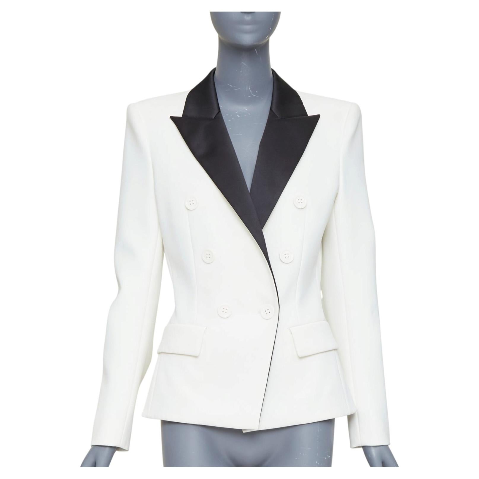 ALEXANDRE VAUTHIER off white black satin lapel double breasted tuxedo jacket