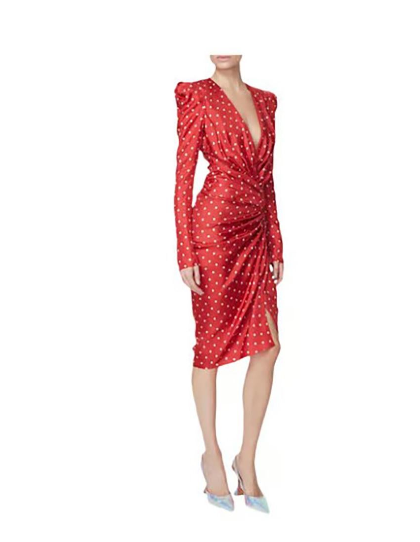 ALEXANDRE VAUTHIER 

Collection S/S 2018 

POLKA-DOT WRAPPED- WAIST PUFF-SHOULDER SHEATH DRESS

Alexandre Vauthier’s trademark drapery is the defining detail of this red silk polka-dot dress.
It’s shaped for a slim fit with deep v-neck – note the