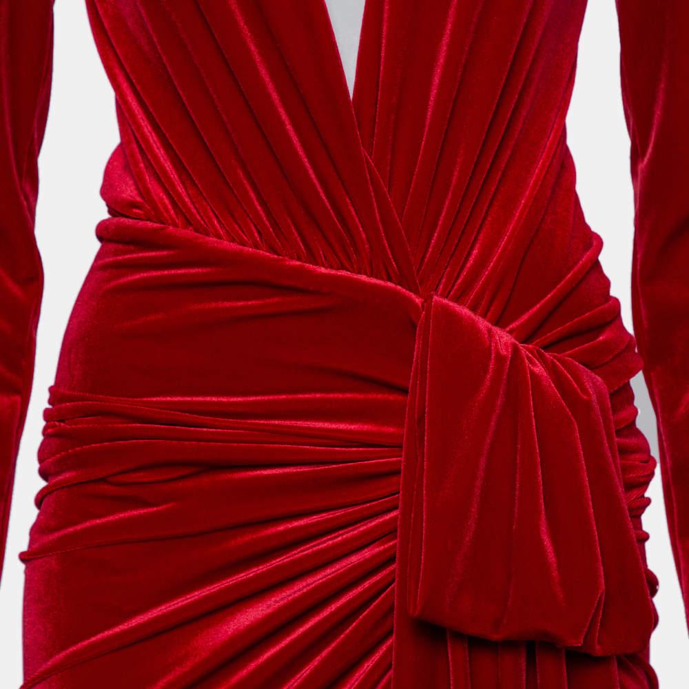 Alexandre Vauthier Red Velvet Plunge Neck Faux Wrap Mini Dress S In New Condition For Sale In Dubai, Al Qouz 2