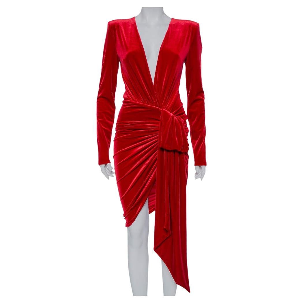 Alexandre Vauthier Red Velvet Plunge Neck Faux Wrap Mini Dress S For Sale
