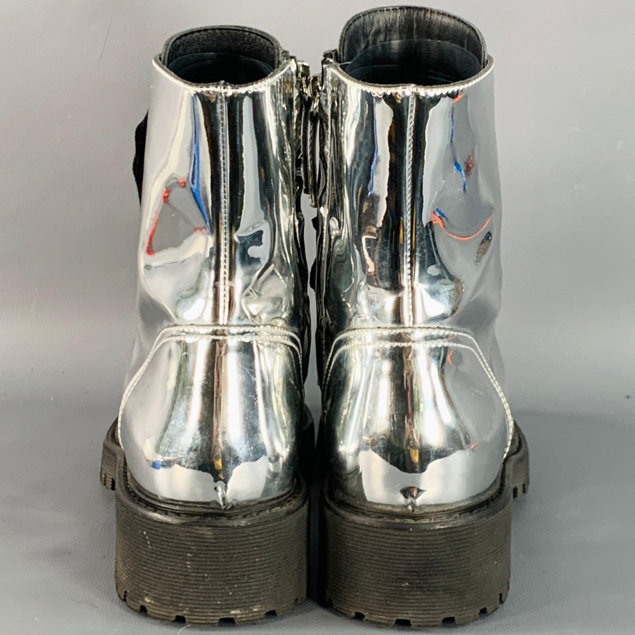 Black ALEXANDRE VAUTHIER Size 10 Metallic Silver Lace-Up Combat Boots For Sale