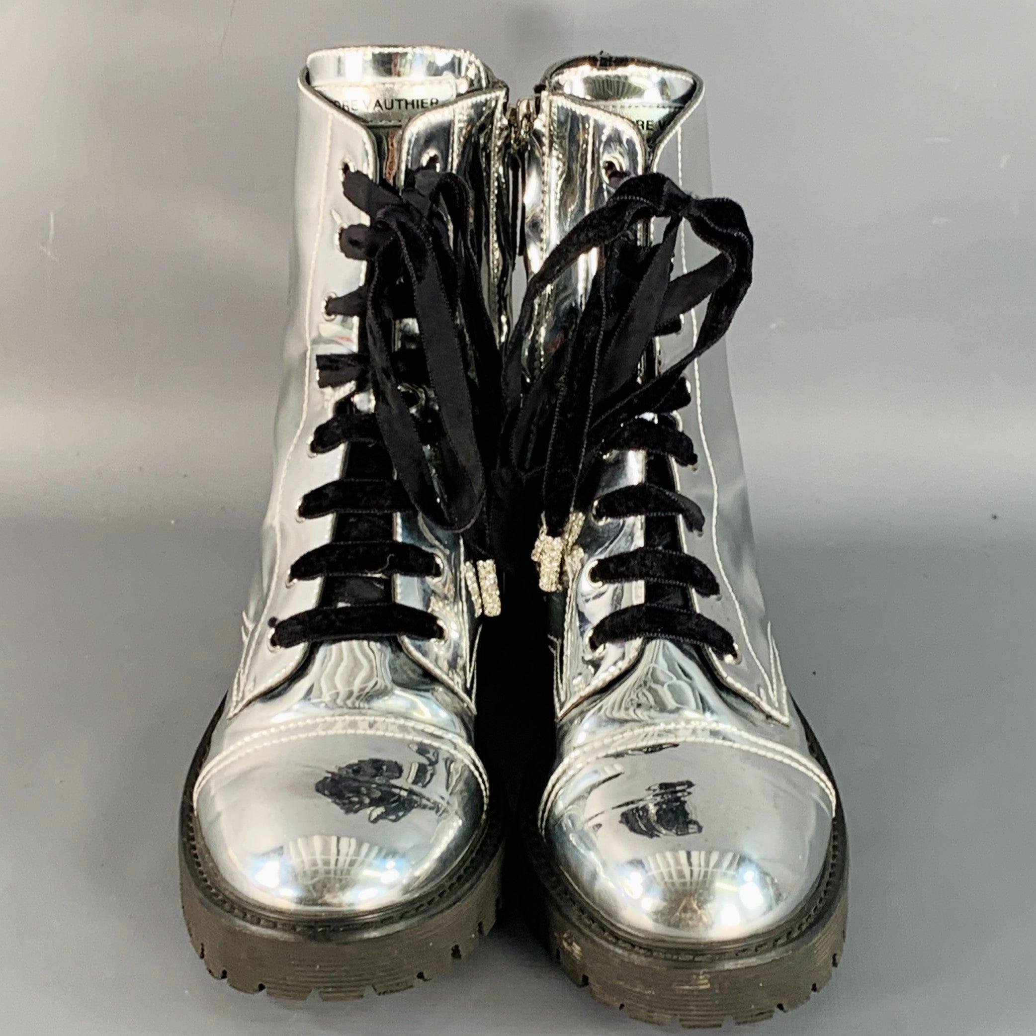 ALEXANDRE VAUTHIER Size 10 Metallic Silver Lace-Up Combat Boots In Excellent Condition For Sale In San Francisco, CA