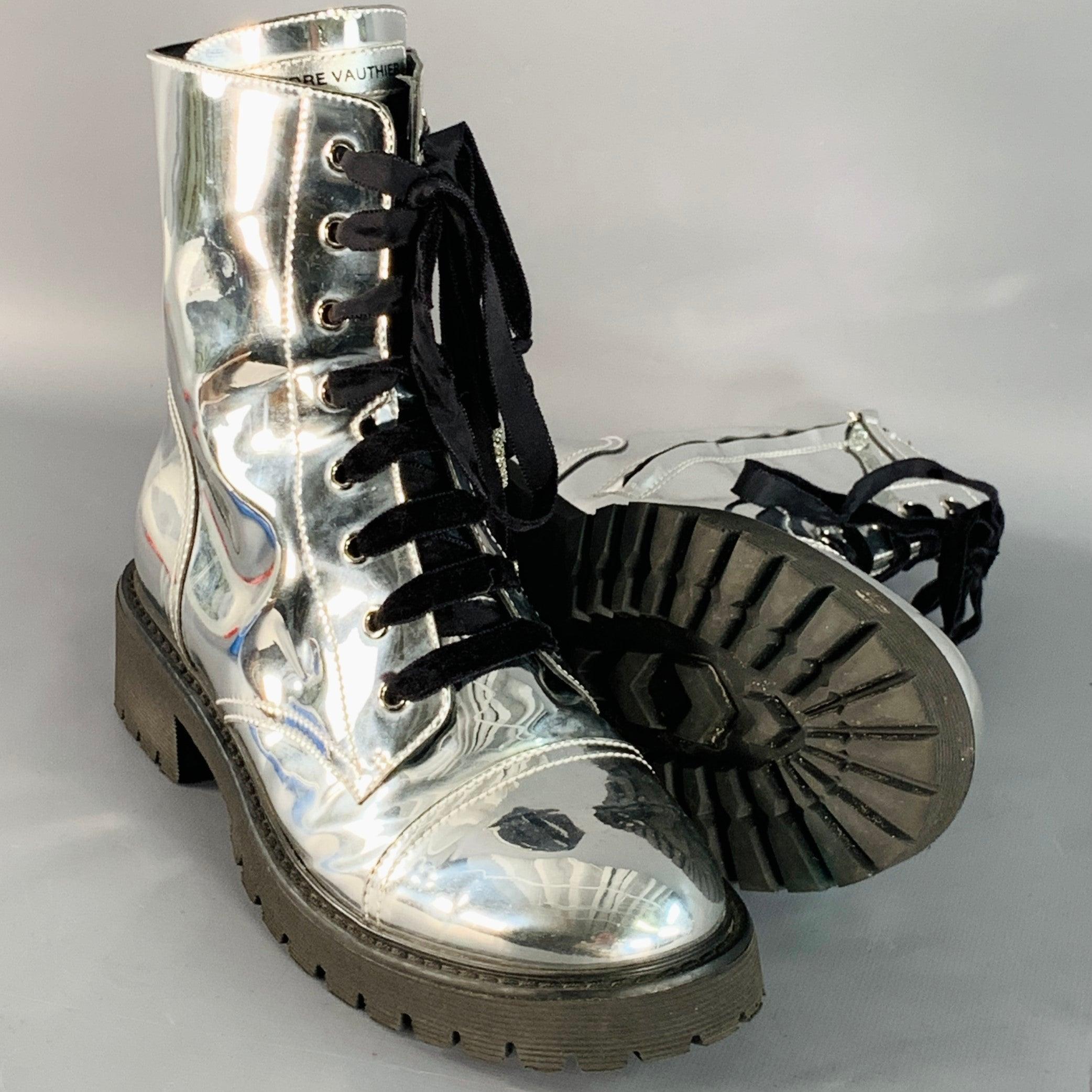 Women's ALEXANDRE VAUTHIER Size 10 Metallic Silver Lace-Up Combat Boots For Sale