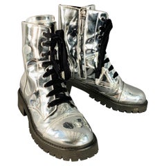ALEXANDRE VAUTHIER Size 10 Metallic Silver Lace-Up Combat Boots