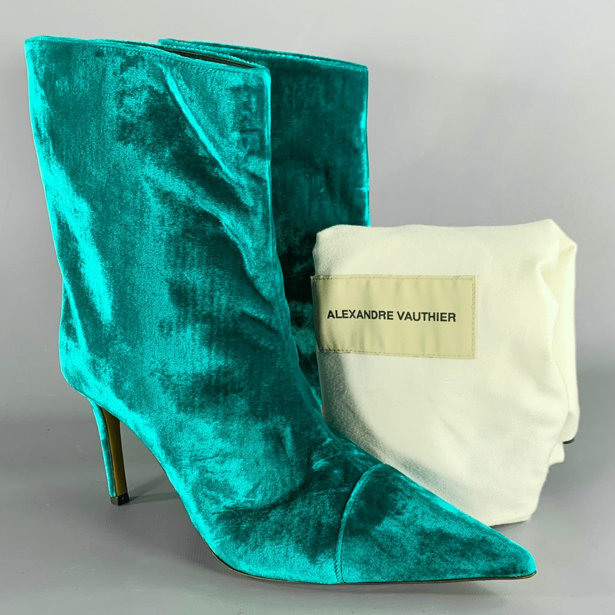 ALEXANDRE VAUTHIER Size 7 Blue Green Velvet Pointed Toe Boots For Sale 6