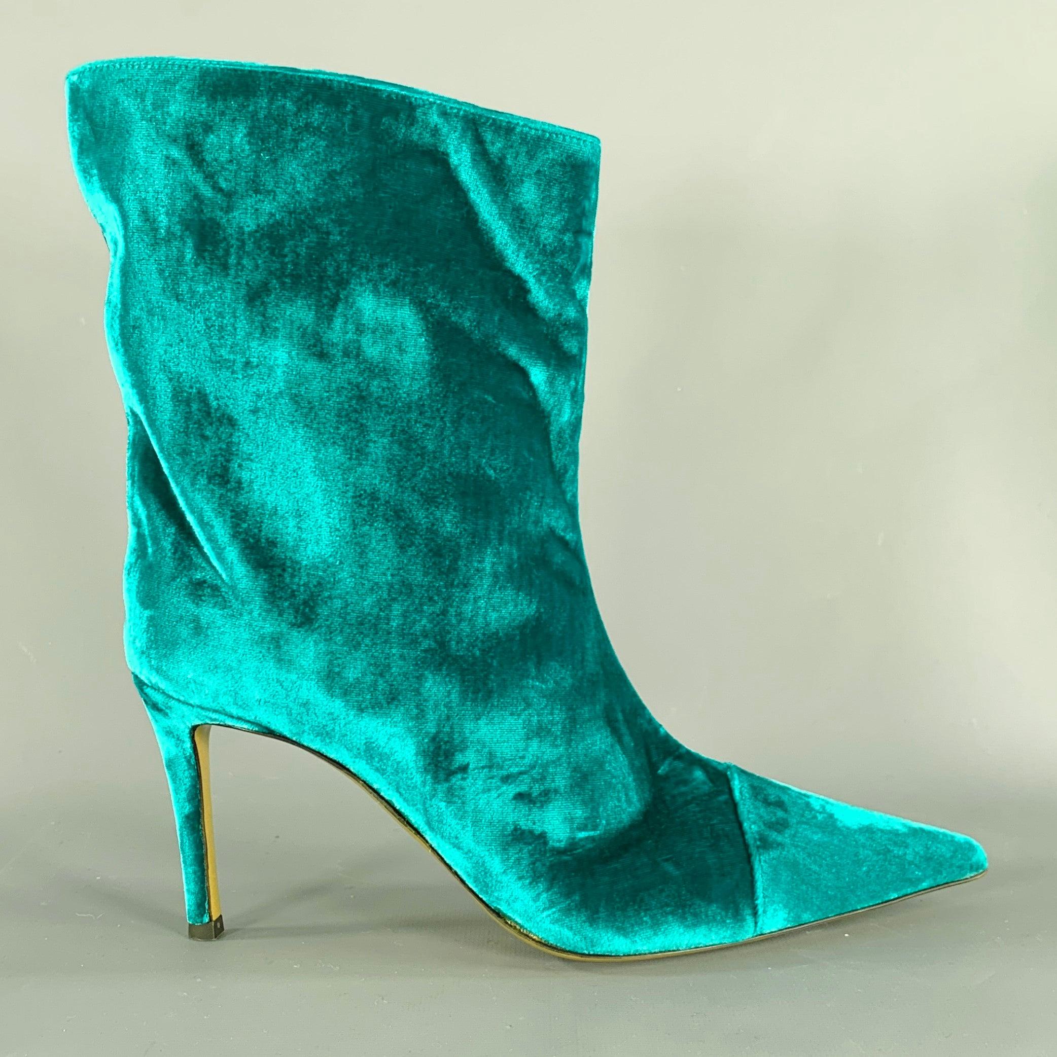ALEXANDRE VAUTHIER boots
in a blue green velvet featuring a stiletto heel, pointed toe, and pull on closure. Made in Italy.New without Box. 

Marked:   1700 37 3142 

Measurements: 
  Length: 9.75 inches Width: 3 inches Height (with Heel): 10 inches
