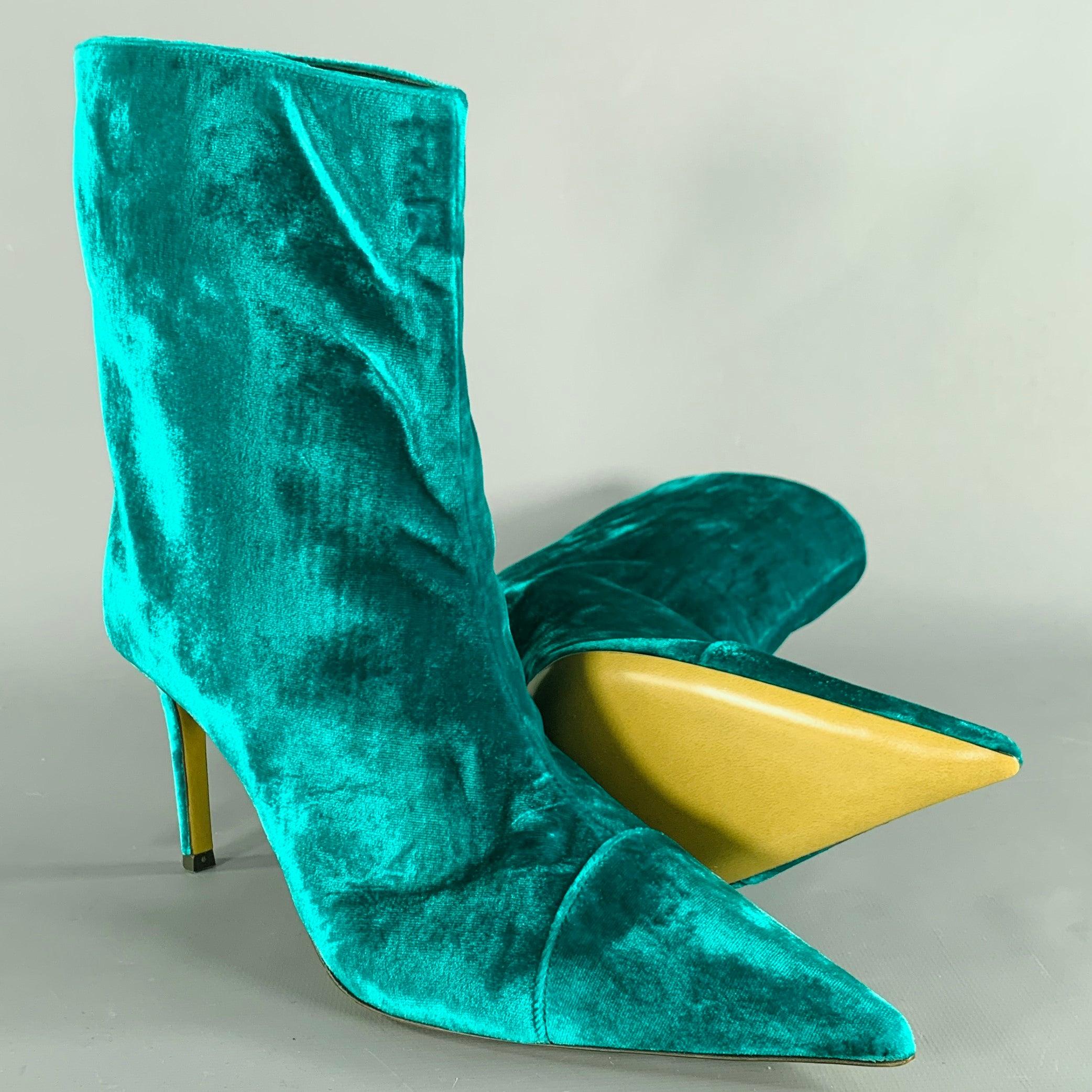 ALEXANDRE VAUTHIER Size 7 Blue Green Velvet Pointed Toe Boots For Sale 1