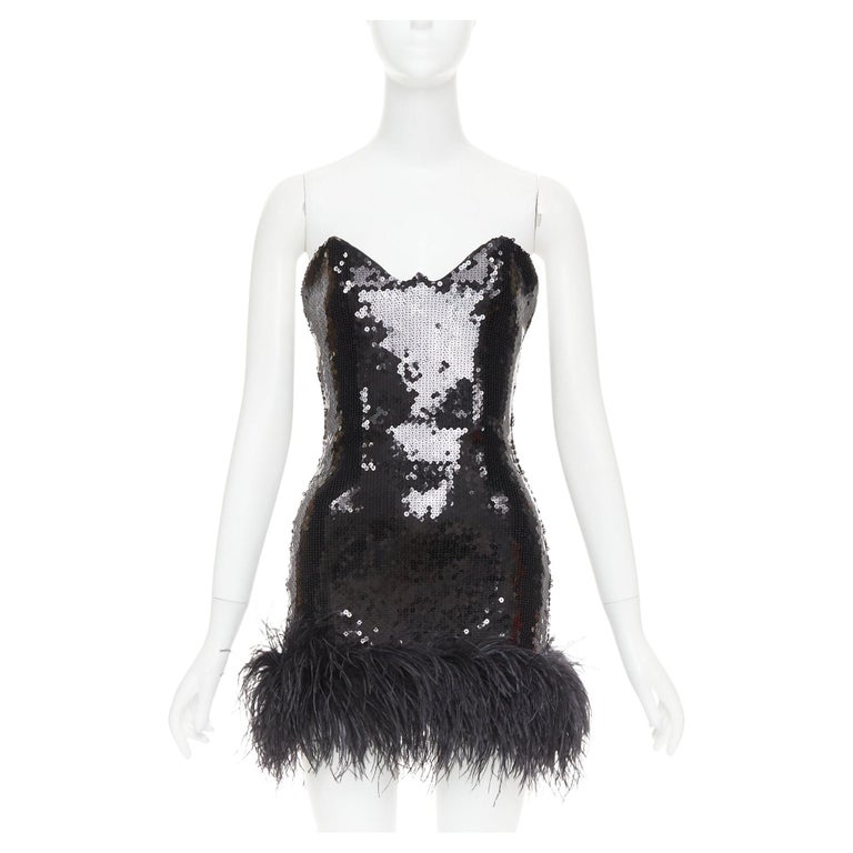 black sequin cocktail dress with feather hem Jade Long Sleeved Sequin Mini Dress w/ Feather Trim- Black