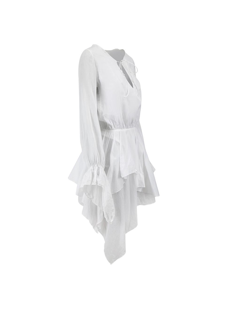 CONDITION is Very good. Minimal wear to dress is evident. Light discolouration to both cuffs and the brand label is partly detached on this used Alexandre Vauthier designer resale item.
 
 Details
 White
 Cotton
 Dress
 Sheer
 Mini
 Neck tie detail
