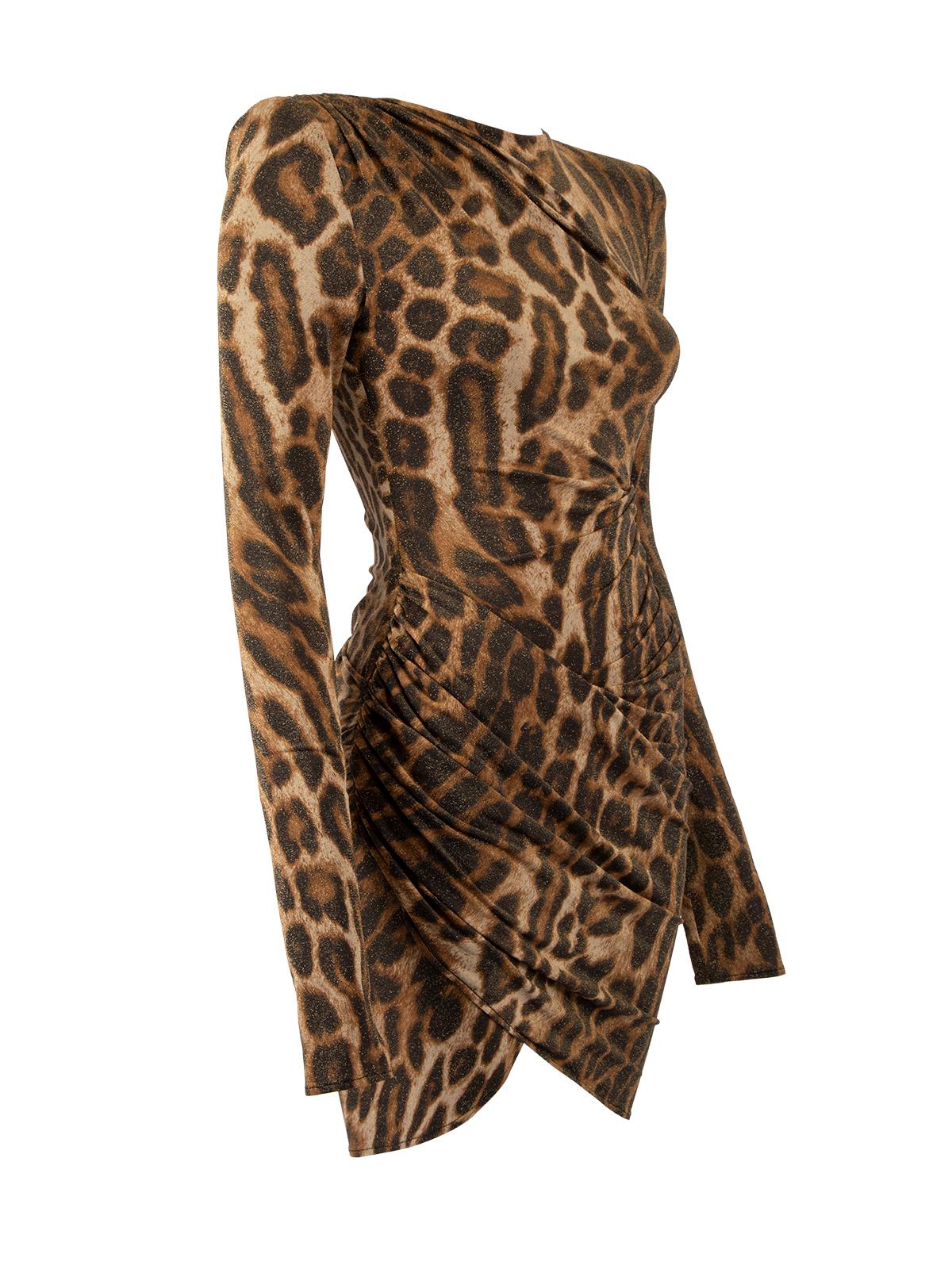 CONDITION is Never worn, with tags. No visible wear and pilling to the dress is evident on this new designer resale item.   Details  Leopard 66% Polyamide, 23% Polyester, 11% Elastane Evening dress Shoulder pads Tight fitting Long sleeves    Round