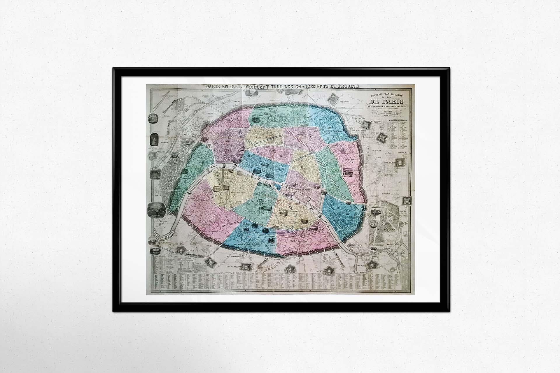 1861 Original vintage map of Paris - Historical cartography For Sale 2