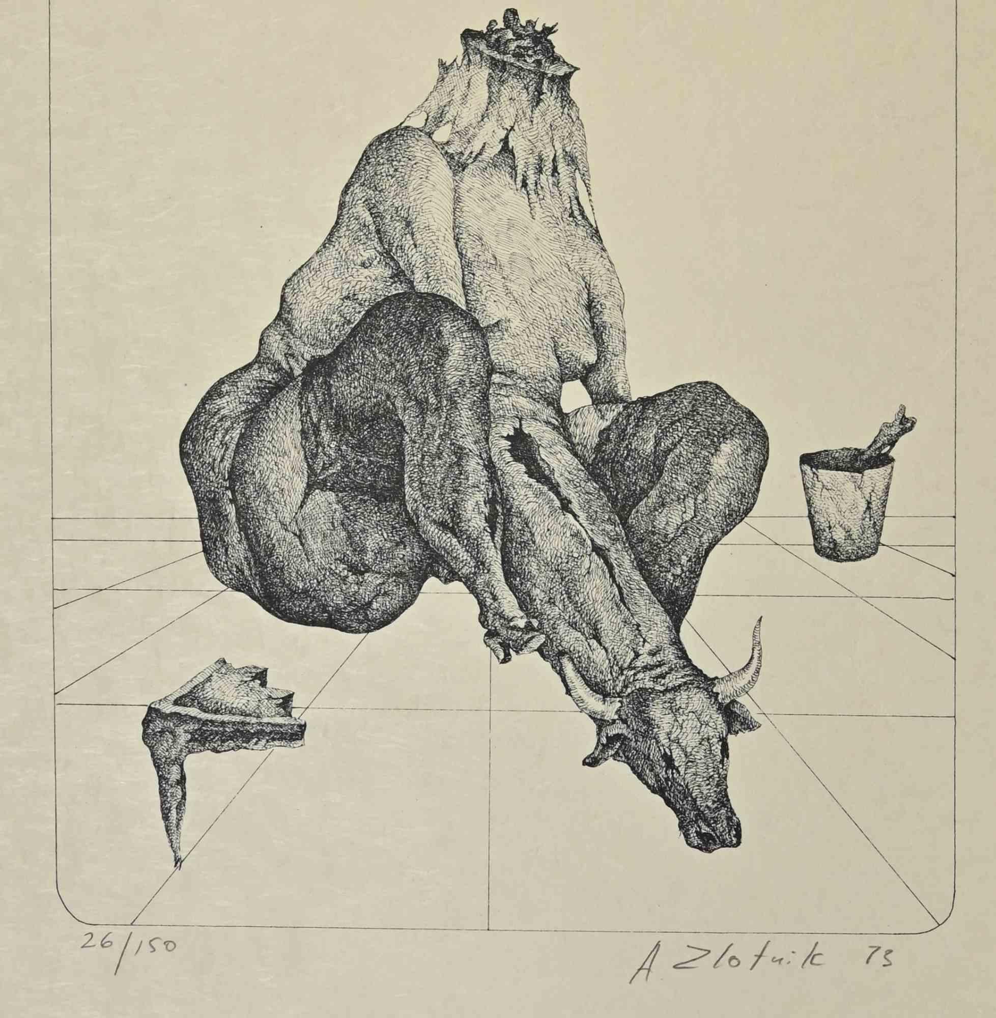 Buffalo Woman - Lithograph by Alexandre Zlotnik - 1973 For Sale 1