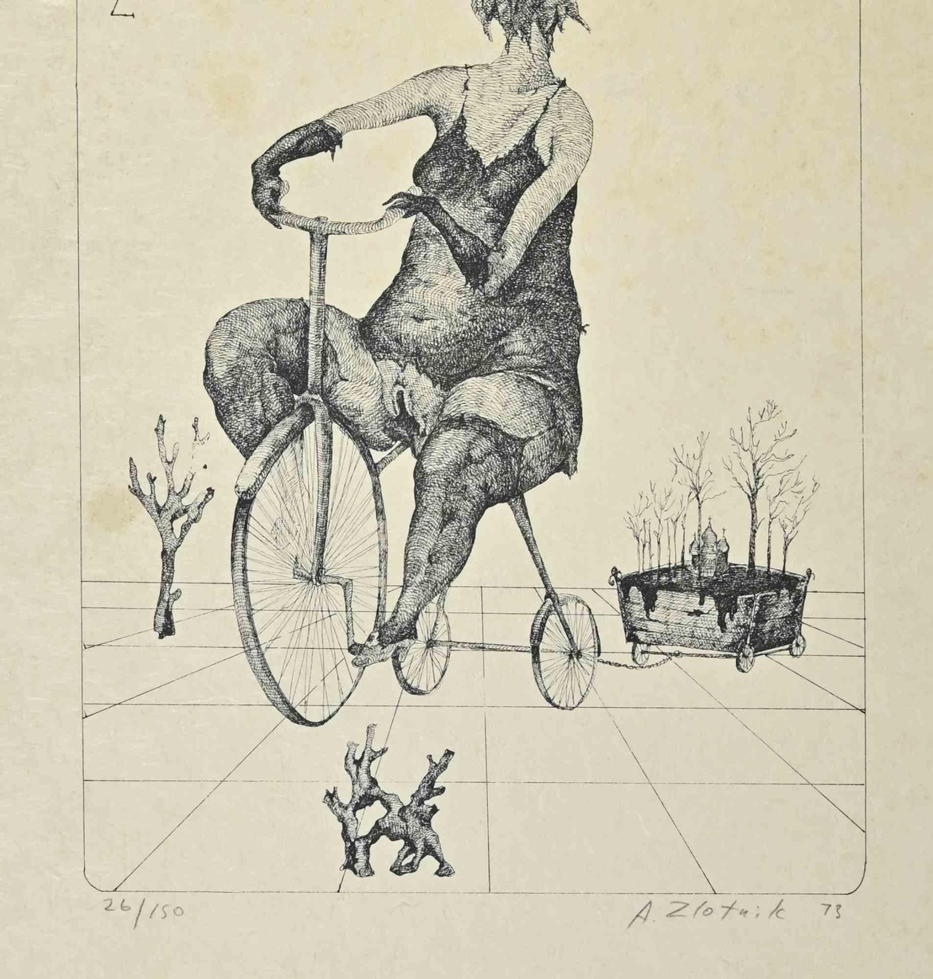 Radfahrer – Lithographie von Alexandre Zlotnik – 1973 im Angebot 1
