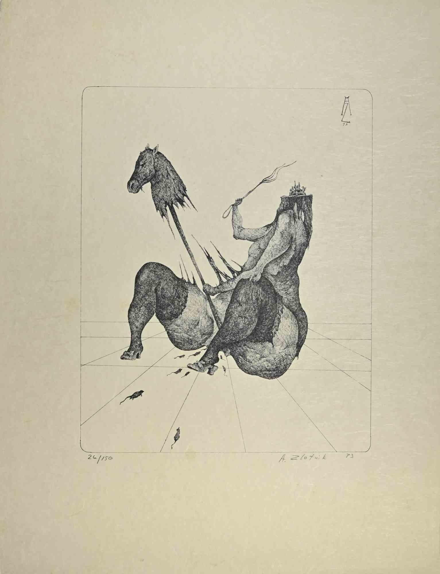 Mujer con cabeza de caballo es una obra de arte gráfica realizada por el artista ruso Alexandre Zlotnik en 1973.

Impresión litográfica sobre papel.

Firmado a mano y numerado a lápiz en la parte inferior, edición de 150 copias.

Buen estado de
