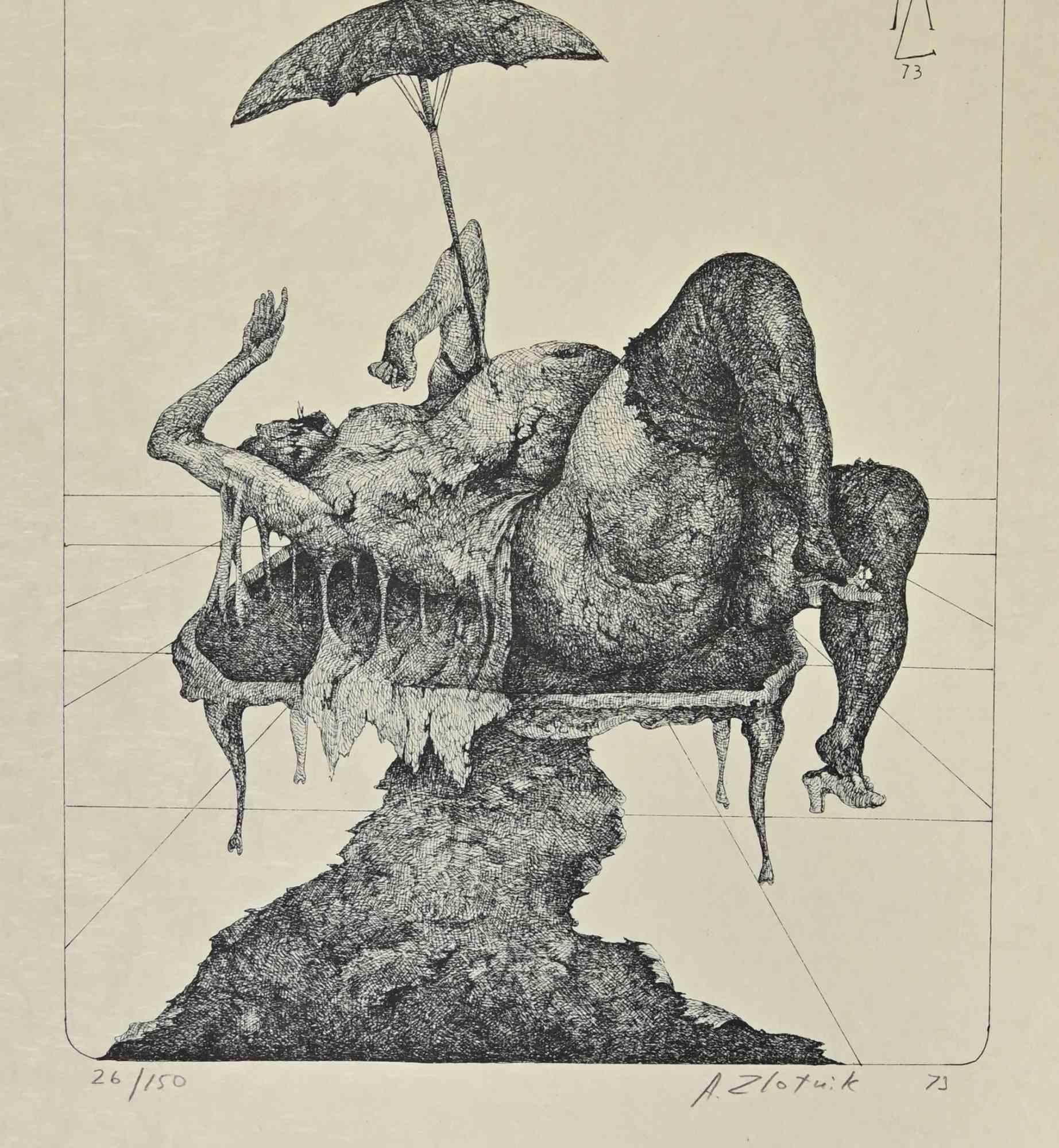 Posing with Umbrella – Lithographie von Alexandre Zlotnik – Posing mit Schirm – 1973 im Angebot 1