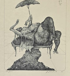Posing with Umbrella – Lithographie von Alexandre Zlotnik – Posing mit Schirm – 1973