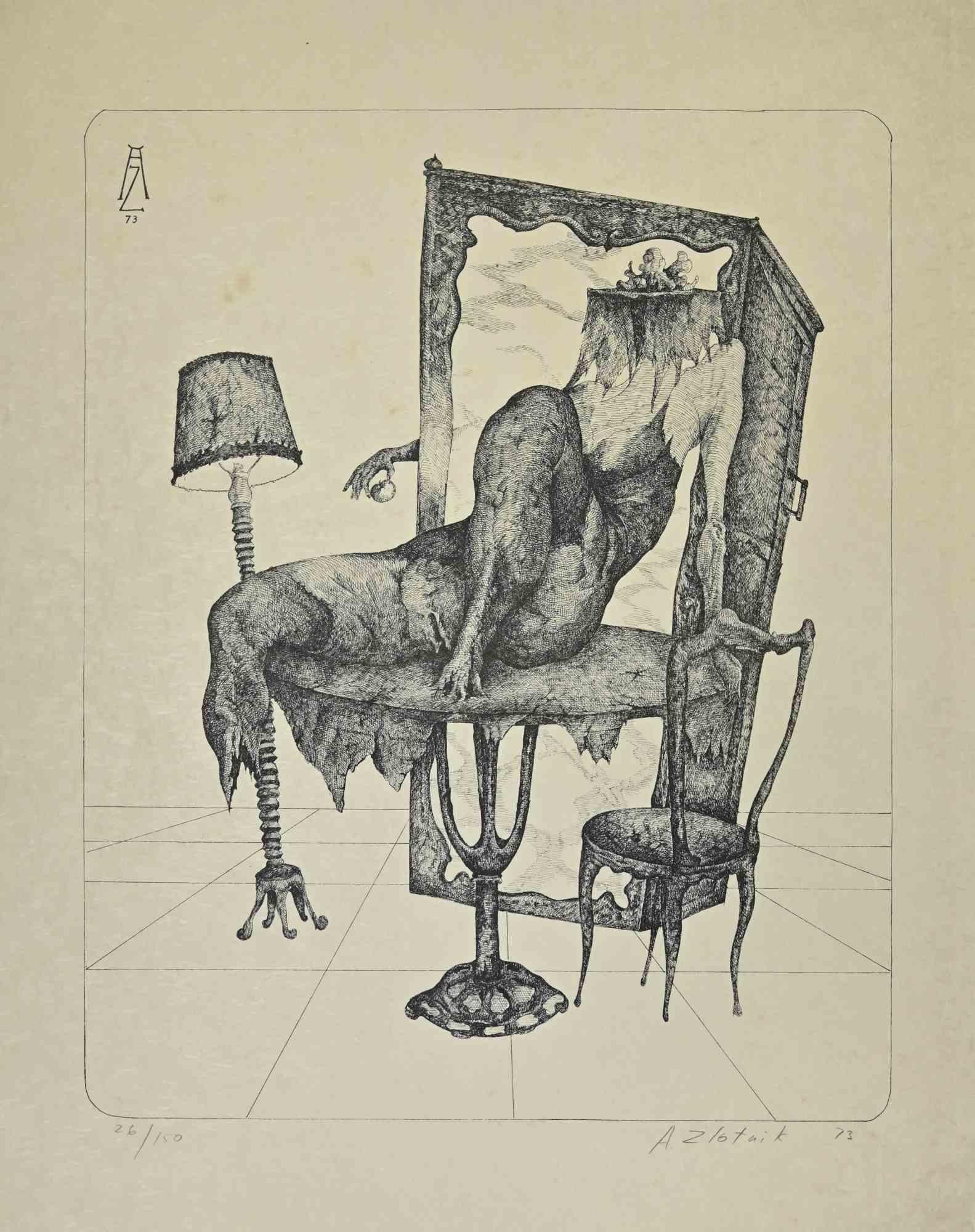 Table-Woman ist ein druckgrafisches Werk des russischen Künstlers Alexandre Zlotnik aus dem Jahr 1973.

Lithographiedruck auf Papier.

Handsigniert und mit Bleistift auf der Unterseite nummeriert, Auflage: 150 Exemplare.

Gute Bedingungen.

Die