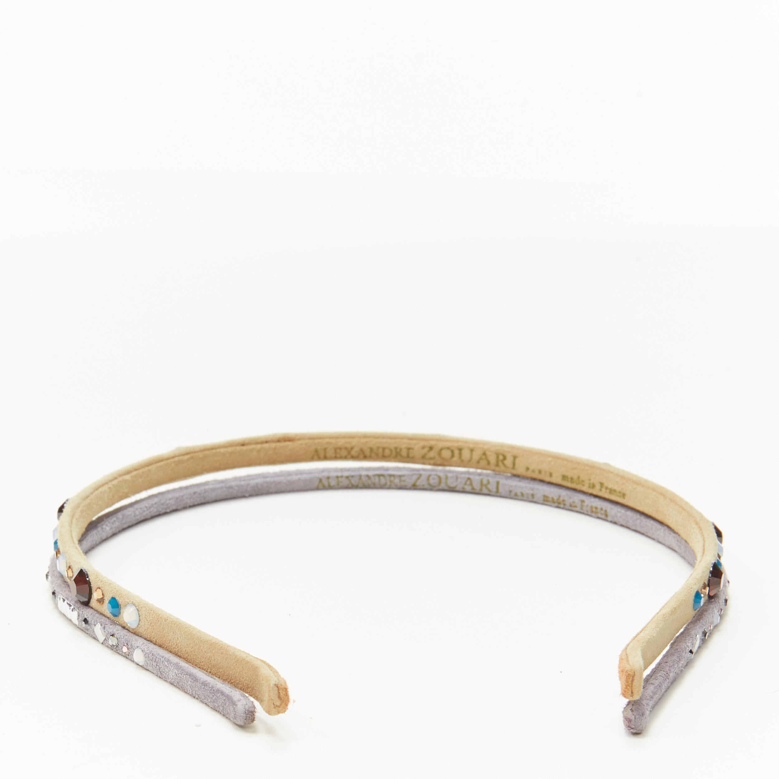 ALEXANDRE ZOUARI beige grey suede colorful rhinestone skinny headband X2 In Good Condition For Sale In Hong Kong, NT