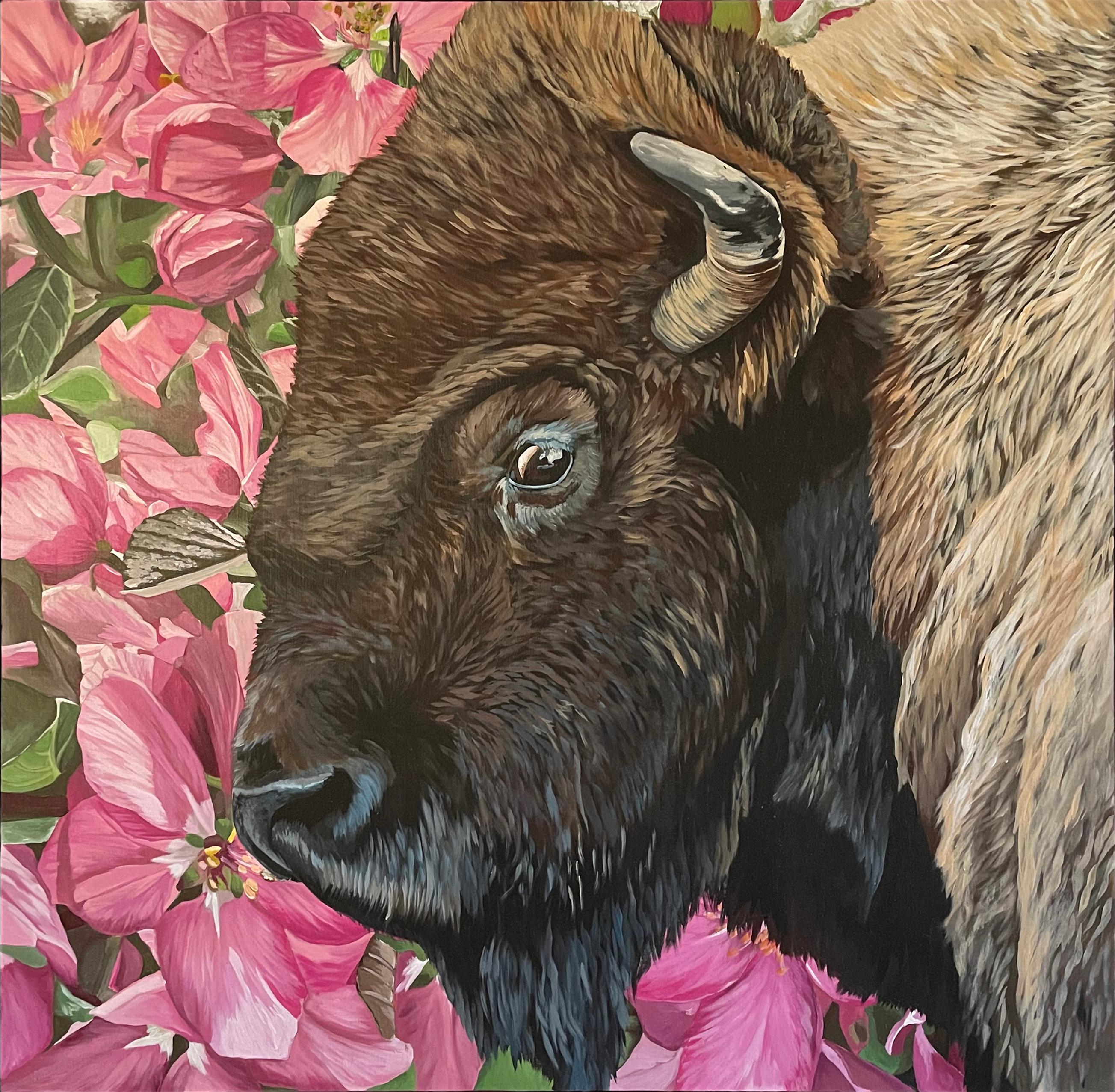 „Bloomin Bison“, Original-Ölgemälde – Painting von Alexandrea Pangburn