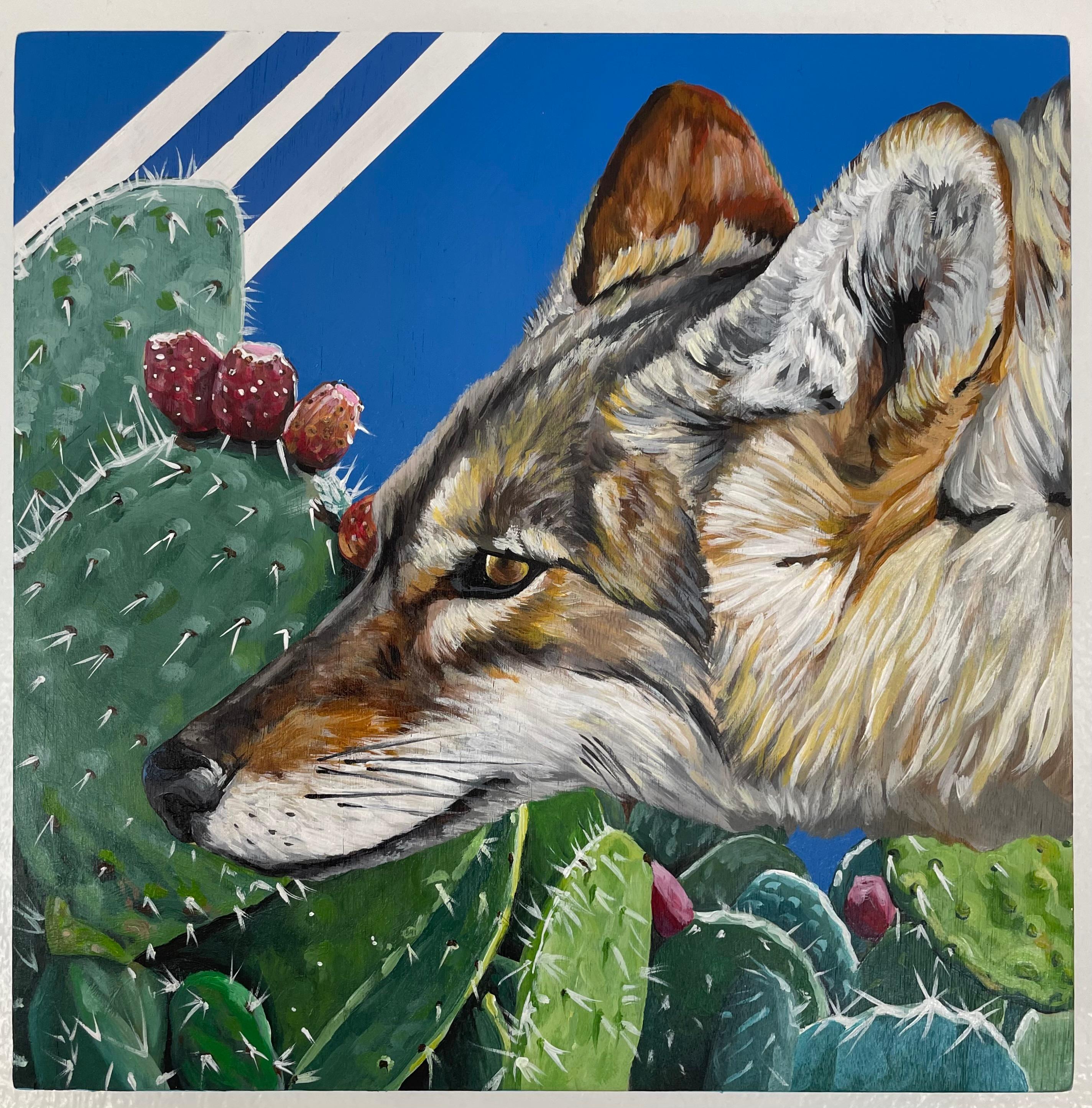 Seek", de Alexandrea Pangburn, es una pintura acrílica original hecha a mano sobre panel de madera que representa a un lobo mirando a través de un arbusto de cactus sobre un fondo azul con tres rayas blancas en la esquina. Esta pieza mide 20 x 25 cm