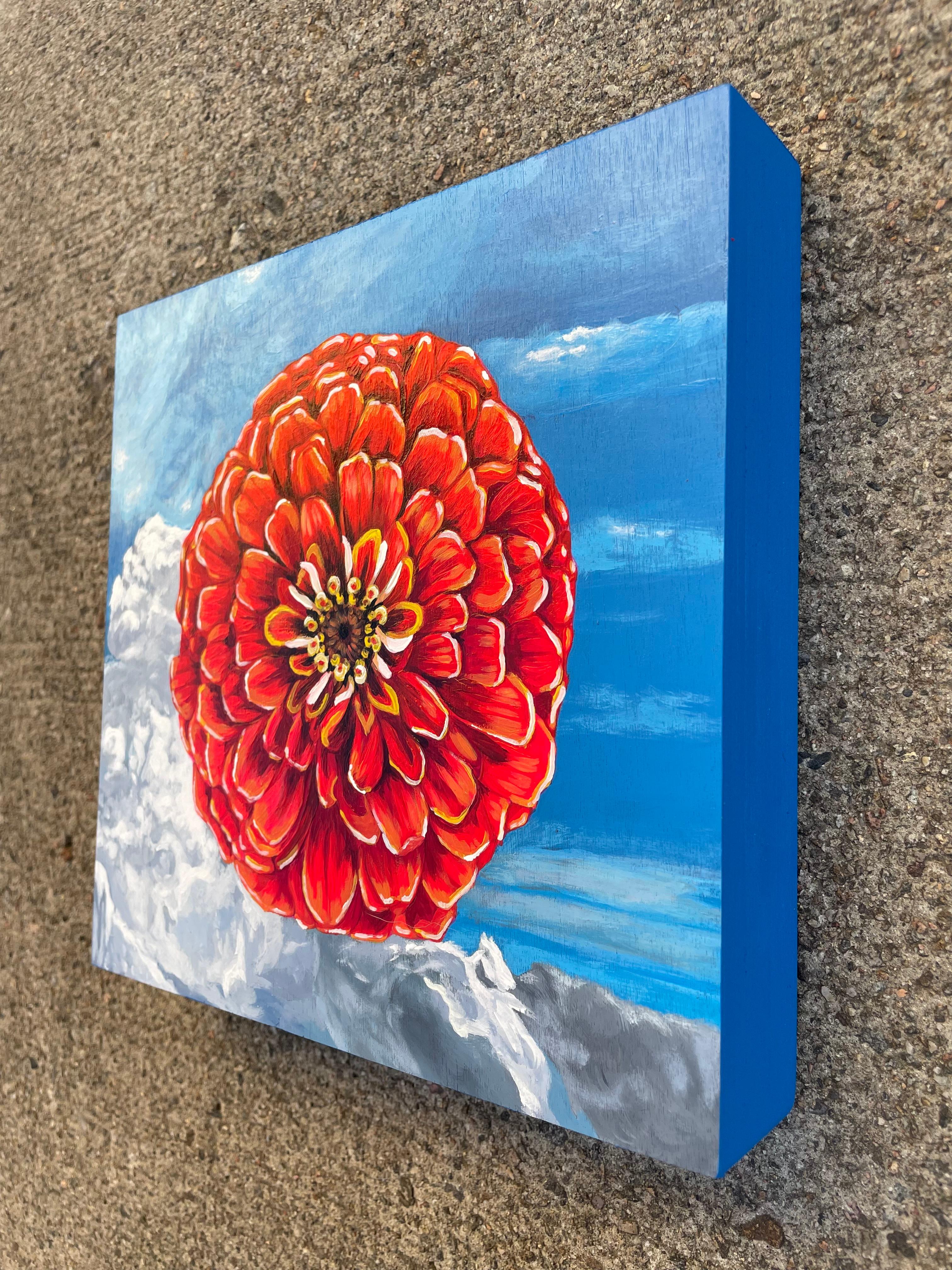 Alexandrea Pangburn’s “Zinnia Sky,” a 2023 artwork, is a celebration of floral splendor set against the vastness of the sky. This original acrylic painting on wood panel, measuring 8 x 8 inches with a depth of 1.50 inches, captures the fiery beauty