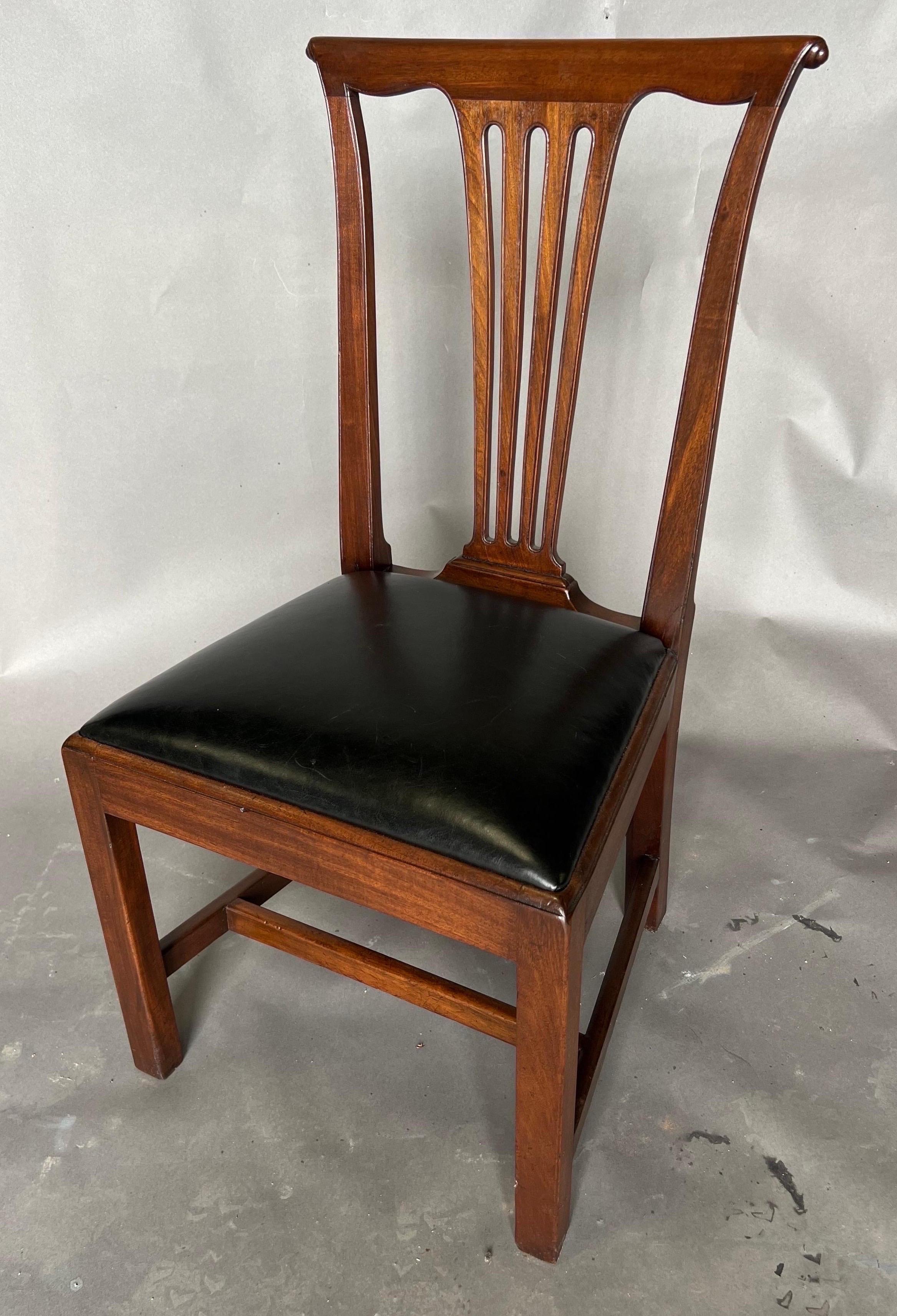Alexandria, VA attributed 18th century mahogany side chair with typical flat top/serpentine bottom crest rail. Posts flare out slightly. Back legs square and with slight backward flare. Front legs square. H stretcher with one slightly higher