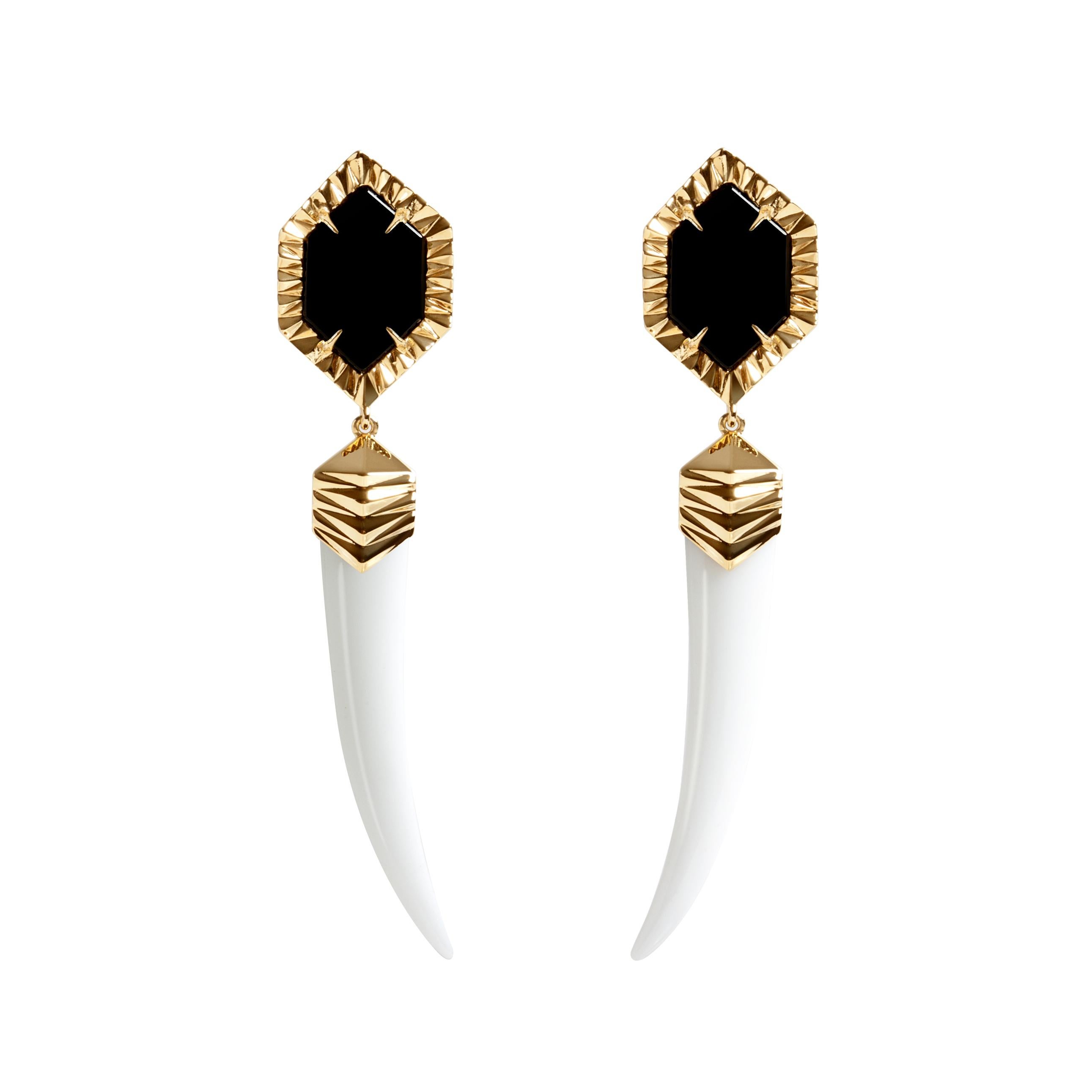 Angie Marei Alexandria White Agate Horn Earrings in 18K Yellow Gold  For Sale