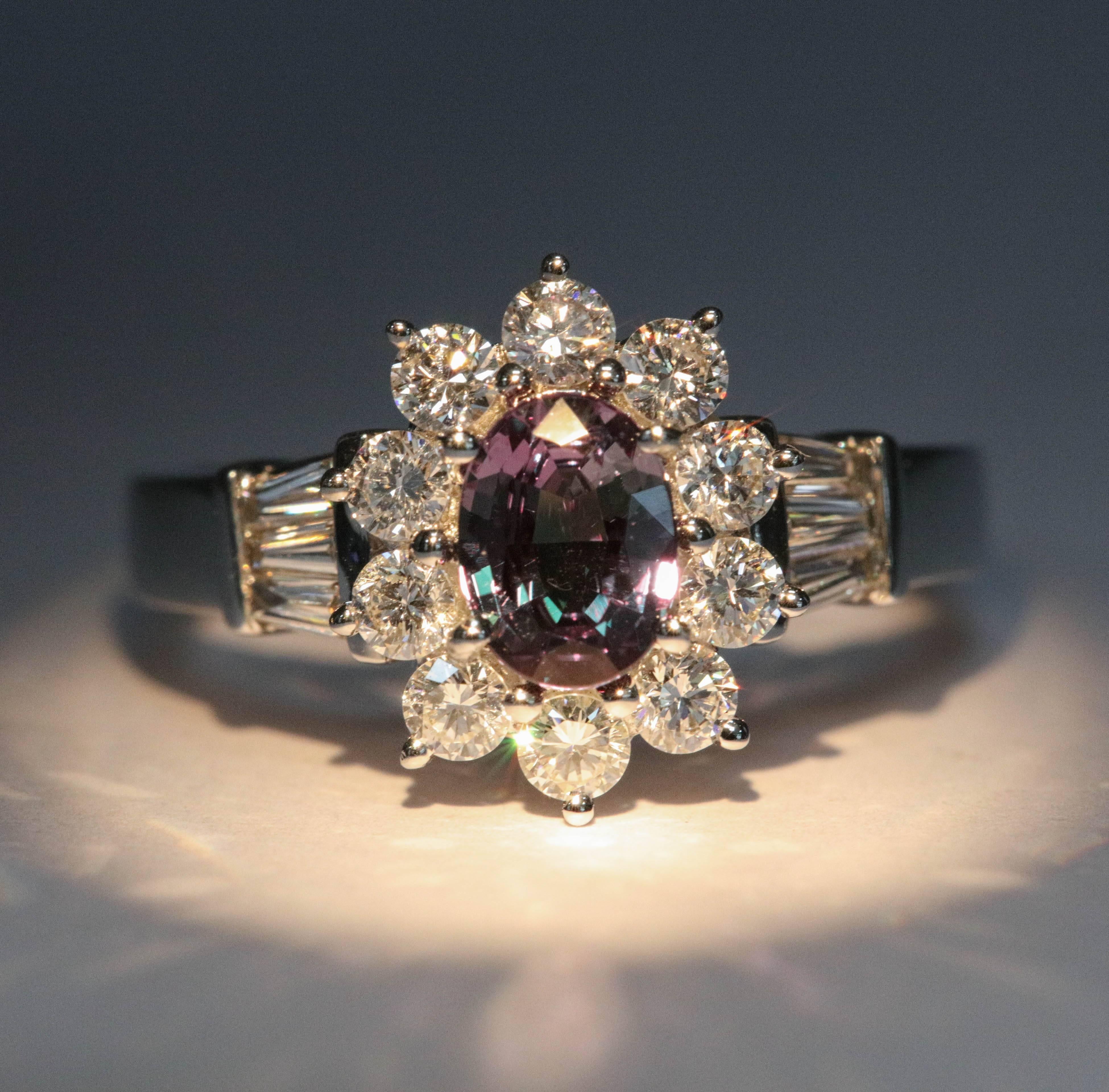 Alexandrite and Round Baguette Diamonds Cocktail Engagement Ring 2
