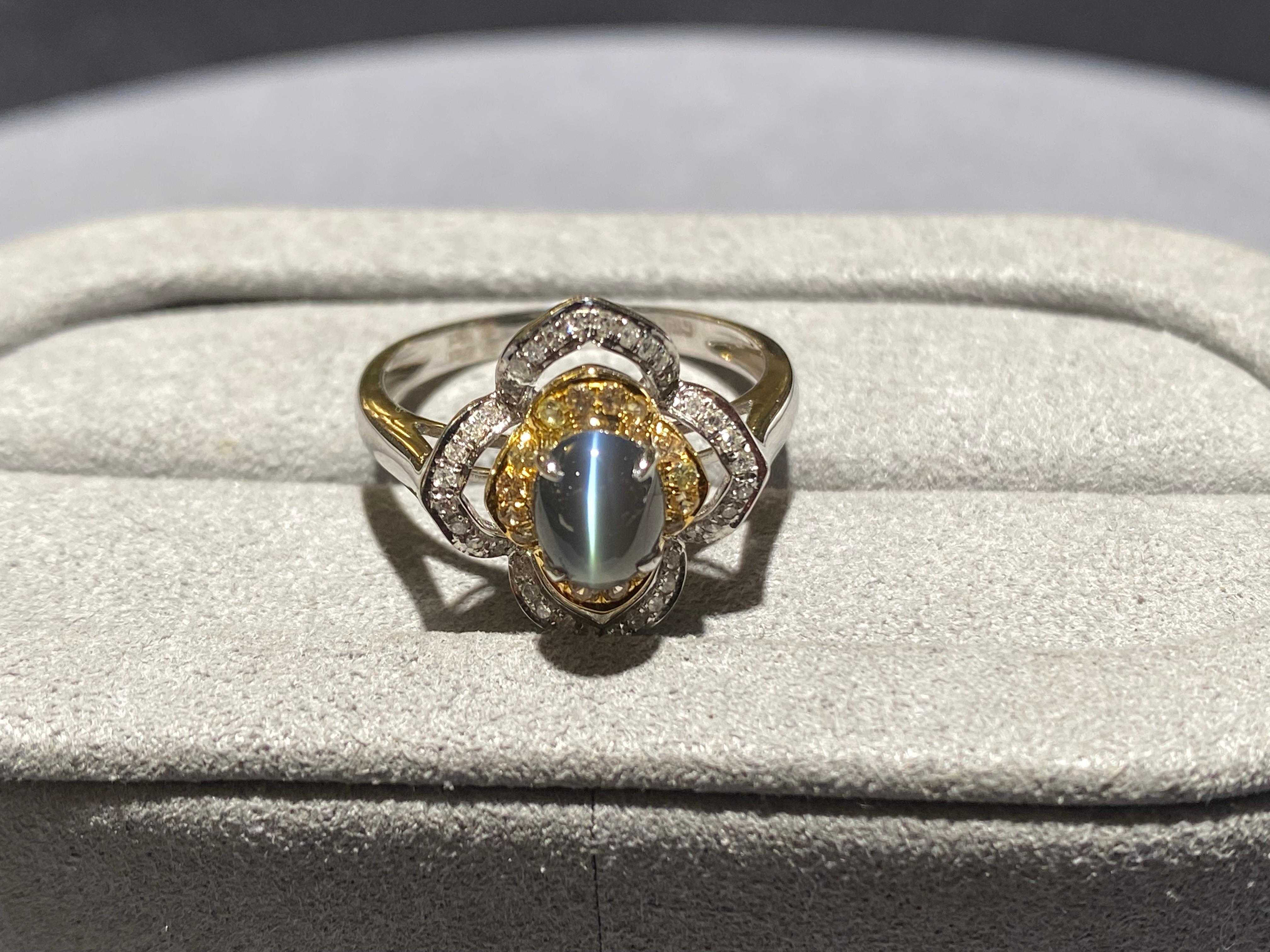 A 1.27 ct Alexandrite Cat's Eye and Diamond Ring in 18k White Gold. The Alexandrite is surrounded by 2 layers of diamond pave. The inner circle diamonds are set on a yellow gold and the oter layer of diamonds are set on white gold. The design looks