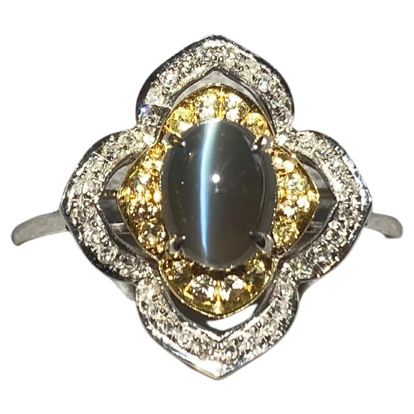Alexandrite Cat's Eye and Diamond Ring in 18k White Gold For Sale