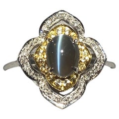 Antique Alexandrite Cat's Eye and Diamond Ring in 18k White Gold