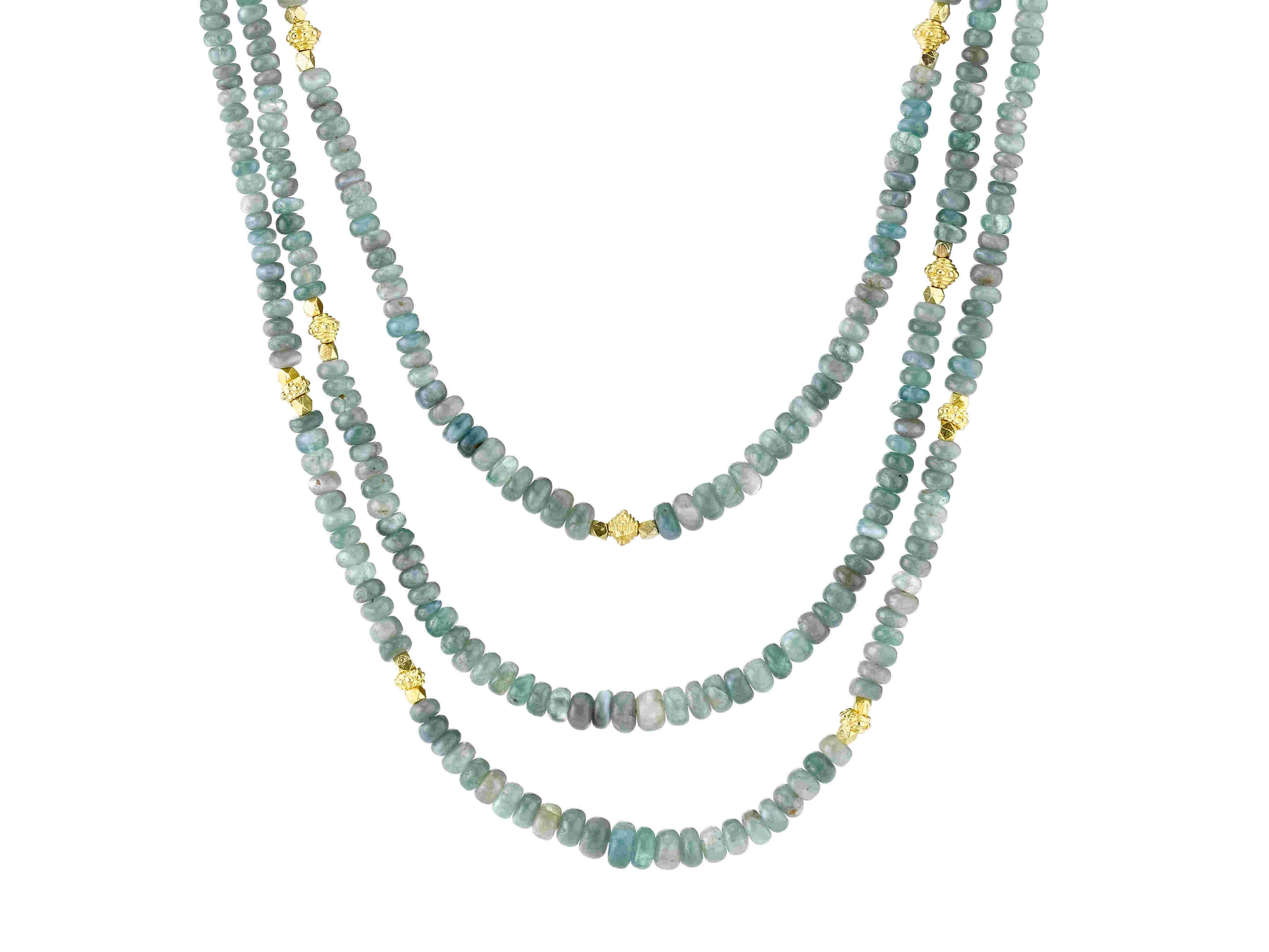 This exceptional necklace is made of extremely rare alexandrite beads that have been hand strung with 22k yellow gold accents and a 14k yellow gold clasp. Talk about a treasure! The alexandrite beads are rondelle shaped and range in size between