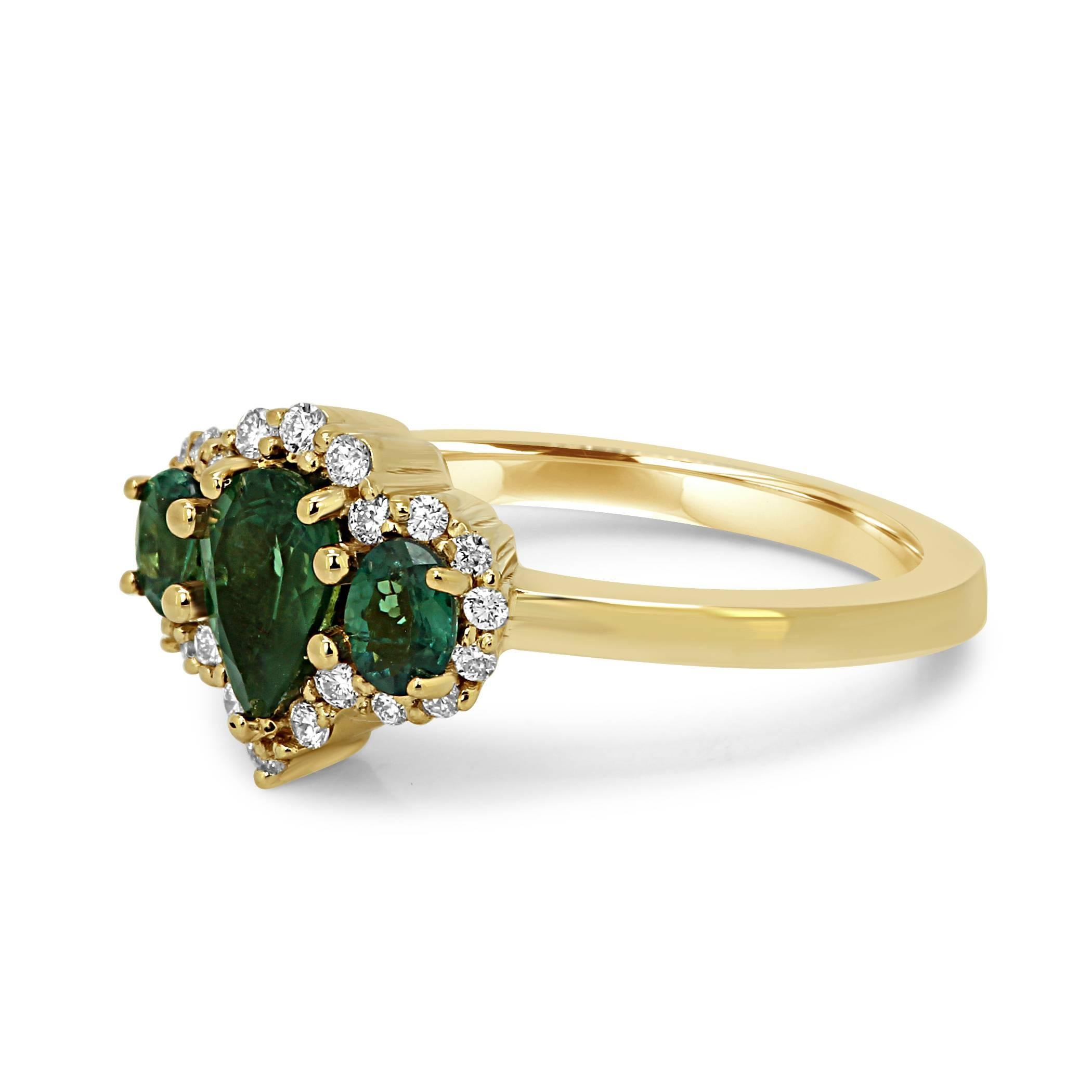 Modern Alexandrite Diamond Halo Gold Three-Stone Cocktail Fashion Ring