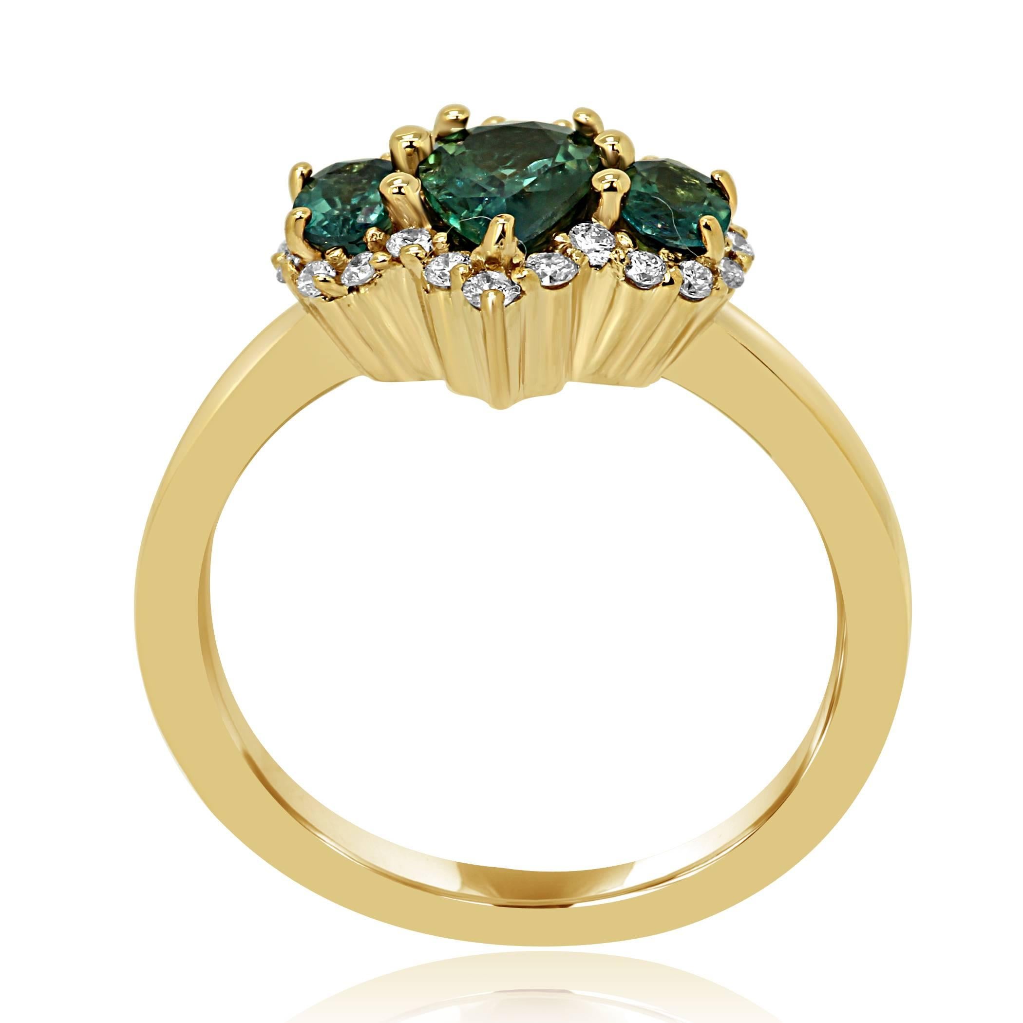 Pear Cut Alexandrite Diamond Halo Gold Three-Stone Cocktail Fashion Ring