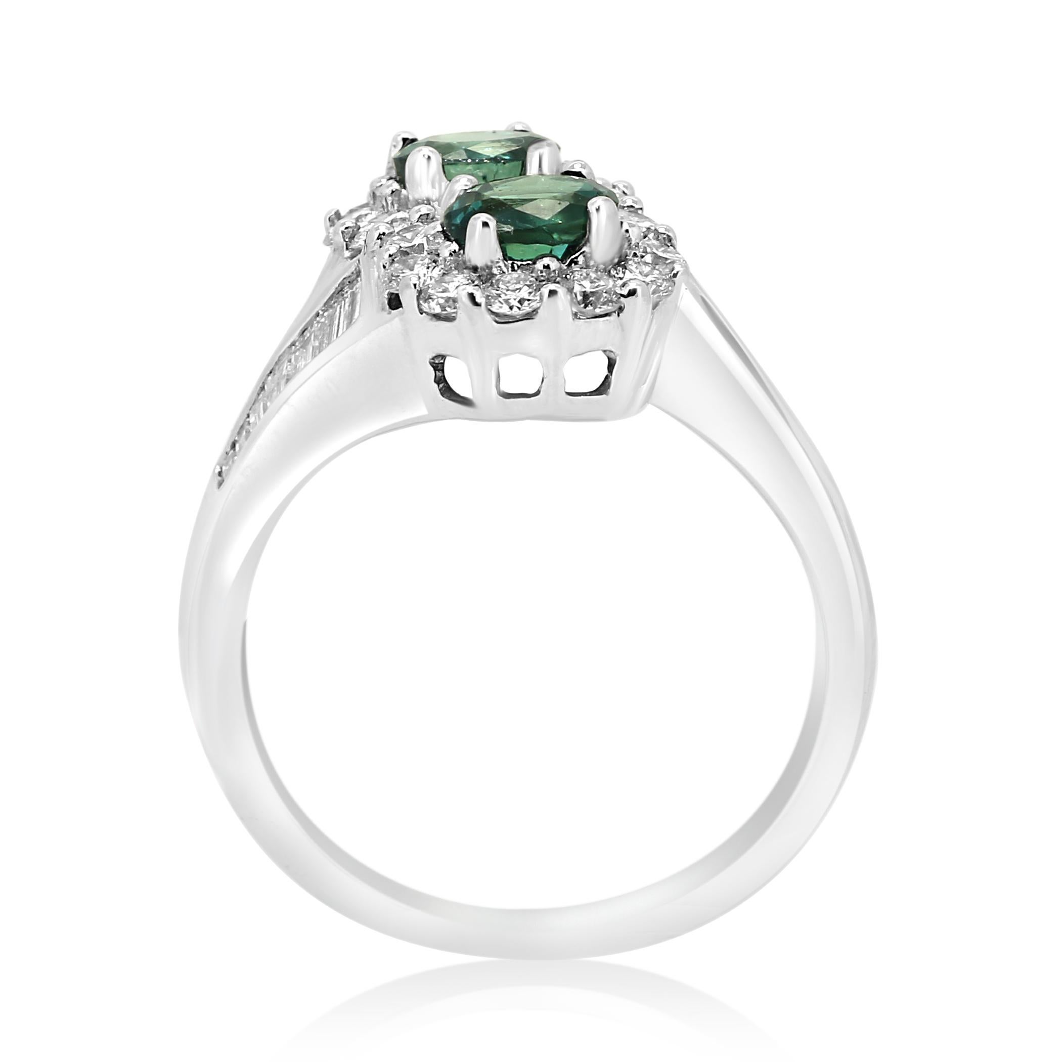 Alexandrite Diamond Halo Round Baguette White Gold Engagement Toi et Moi Ring For Sale 3