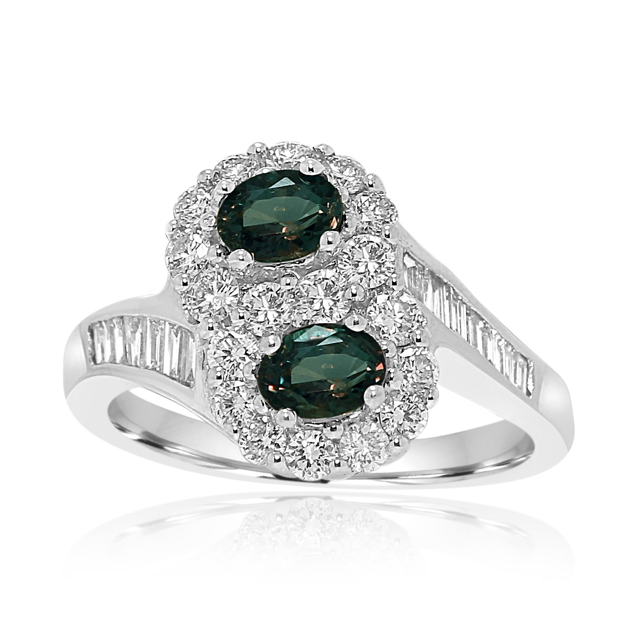Contemporary Alexandrite Diamond Halo Round Baguette White Gold Engagement Toi et Moi Ring For Sale