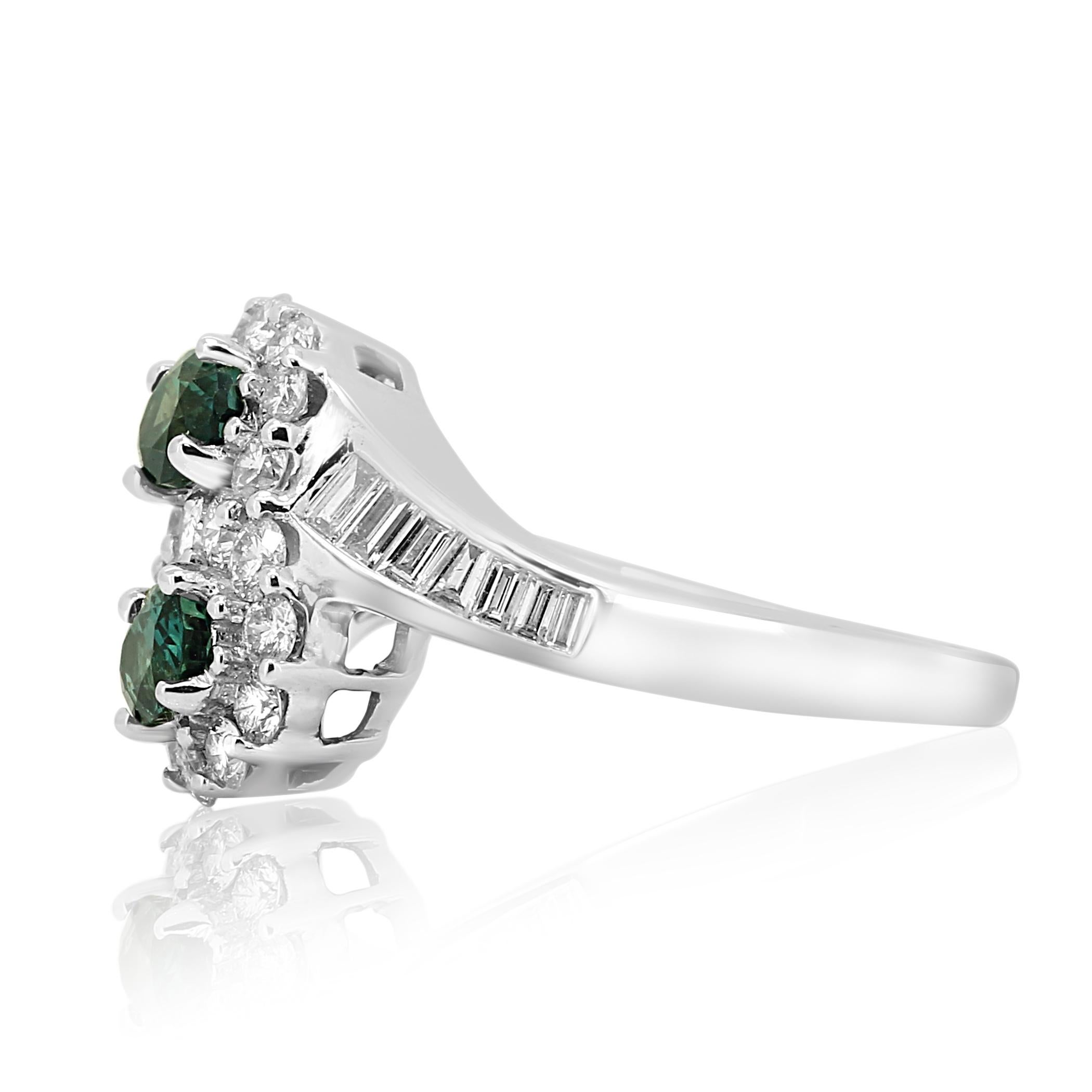Women's or Men's Alexandrite Diamond Halo Round Baguette White Gold Engagement Toi et Moi Ring For Sale