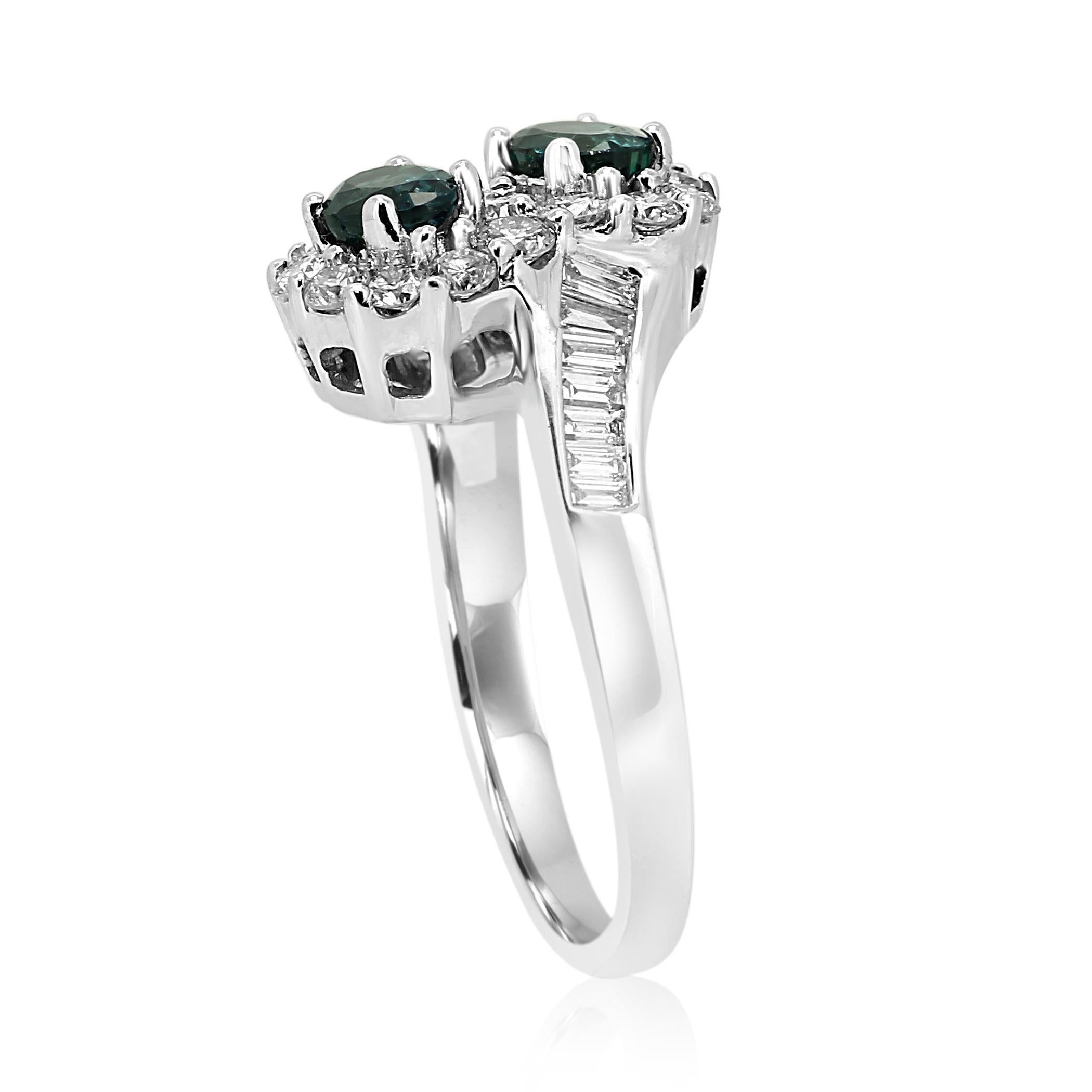 Alexandrite Diamond Halo Round Baguette White Gold Engagement Toi et Moi Ring For Sale 1