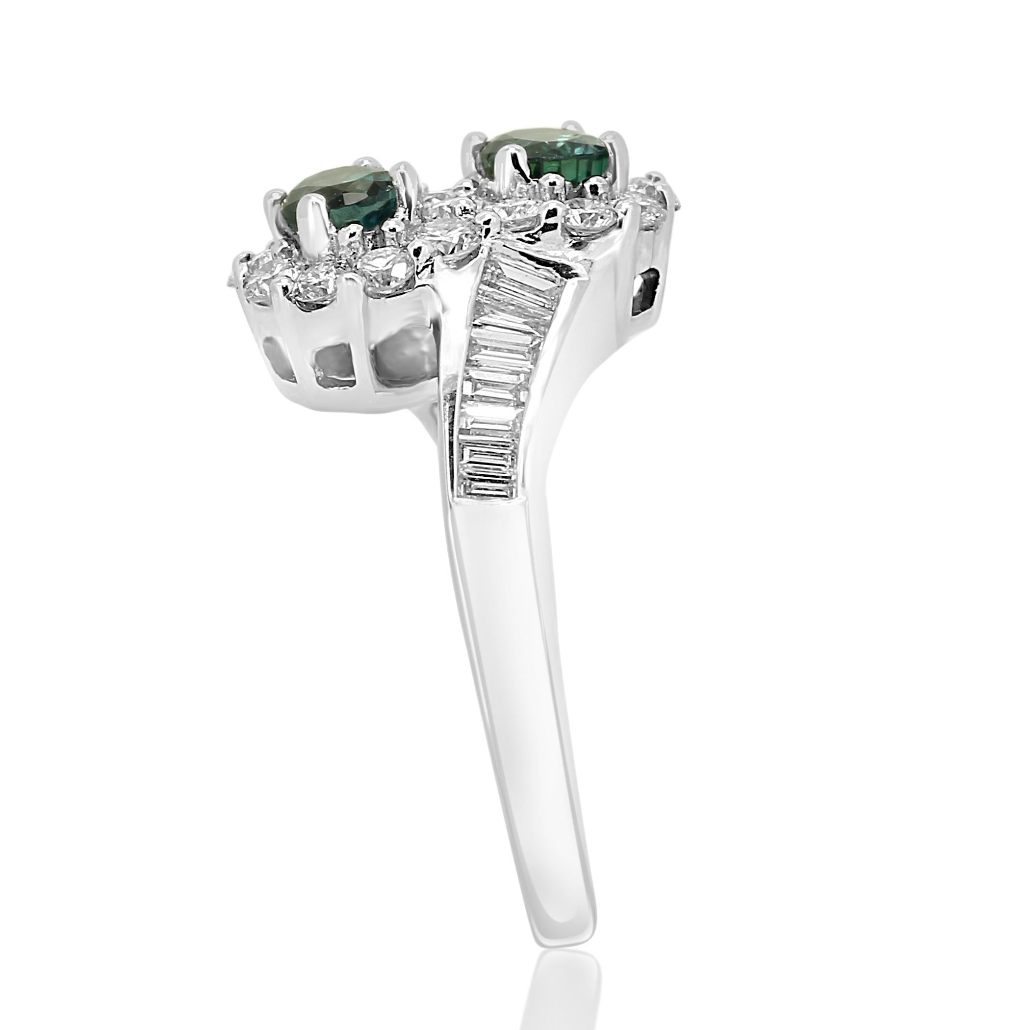 Alexandrite Diamond Halo Round Baguette White Gold Engagement Toi et Moi Ring For Sale 2