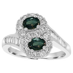 Alexandrite Diamond Halo Round Baguette White Gold Engagement Toi et Moi Ring