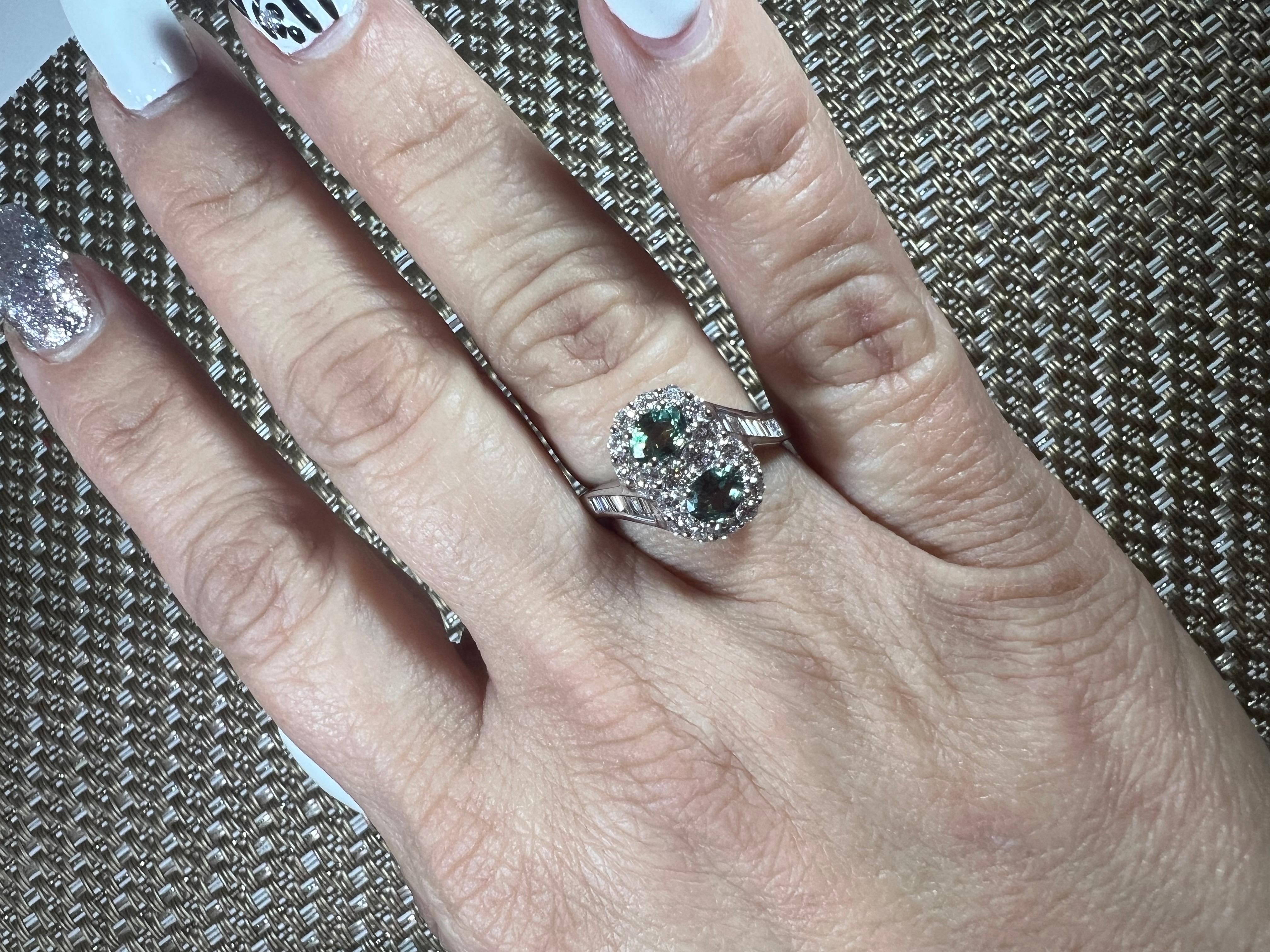 Alexandrite Diamond Halo Round Baguette White Gold Engagement Toi et Moi Ring For Sale 5