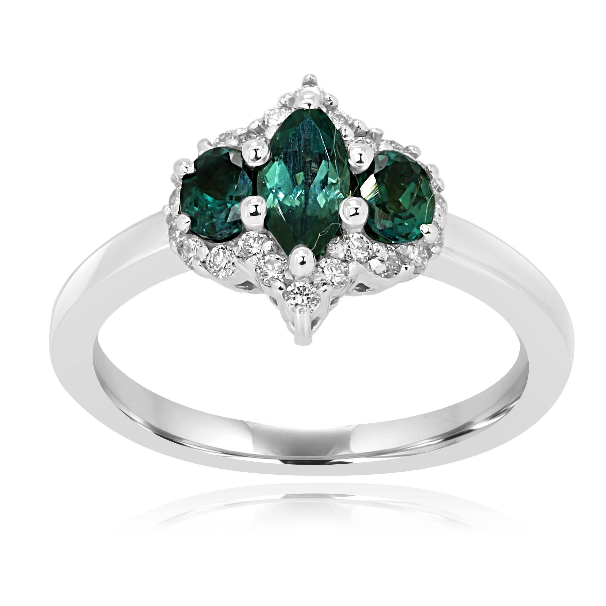 1 Alexandrite Marquise 0.41 Carat flanked by 2 Alexandrite Ovals 0.45 Carat in a single Halo of white diamond Rounds 0.18 Carat in 14K White Gold Three Stone Bridal Fashion Cocktail Ring.

Style available in different price ranges. Prices are based