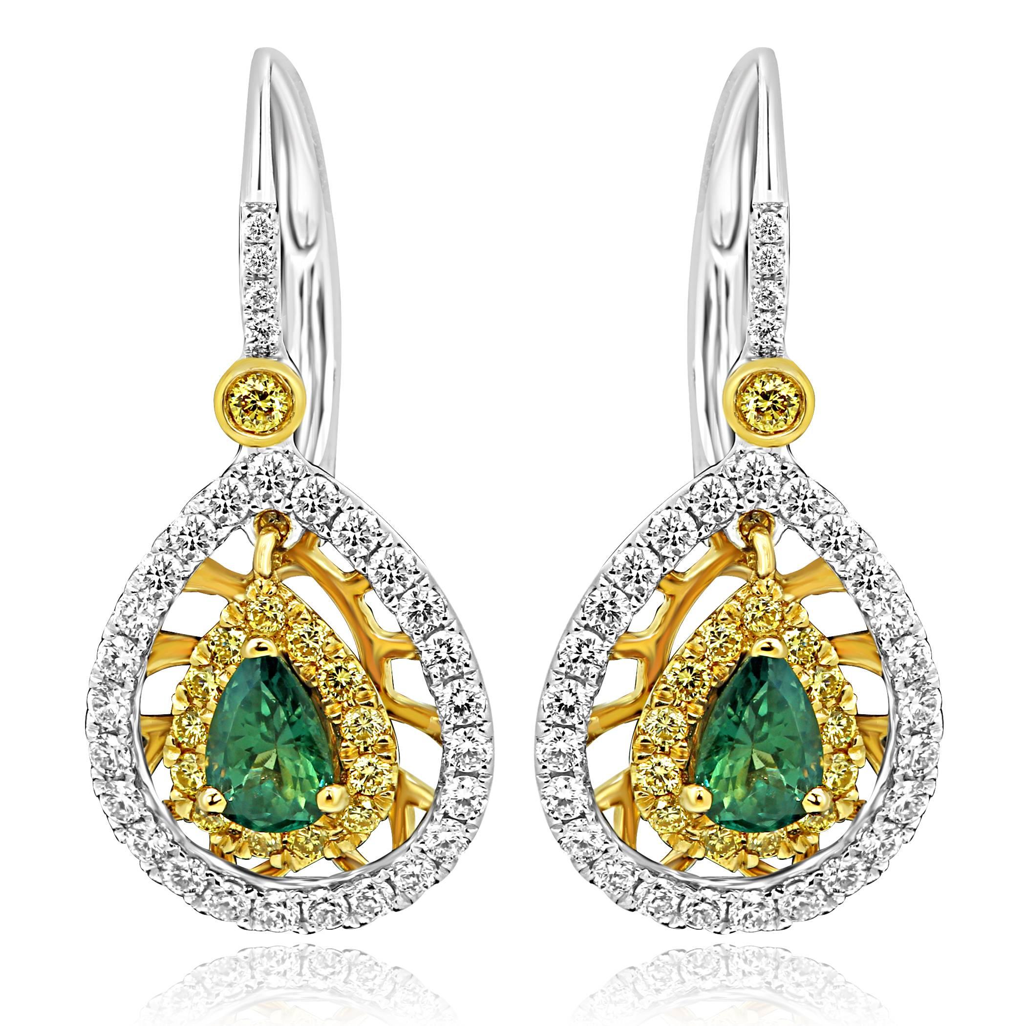 Stunning 2 Alexandrite Pear Shape 1.13 Carat encircled in a Halo of Natural Fancy Yellow Diamond 0.78 Carat and White Diamond Round 0.68 Carat in 18K White and Yellow Gold Drop Earring.

Total Stone Weight 2.59 Carat