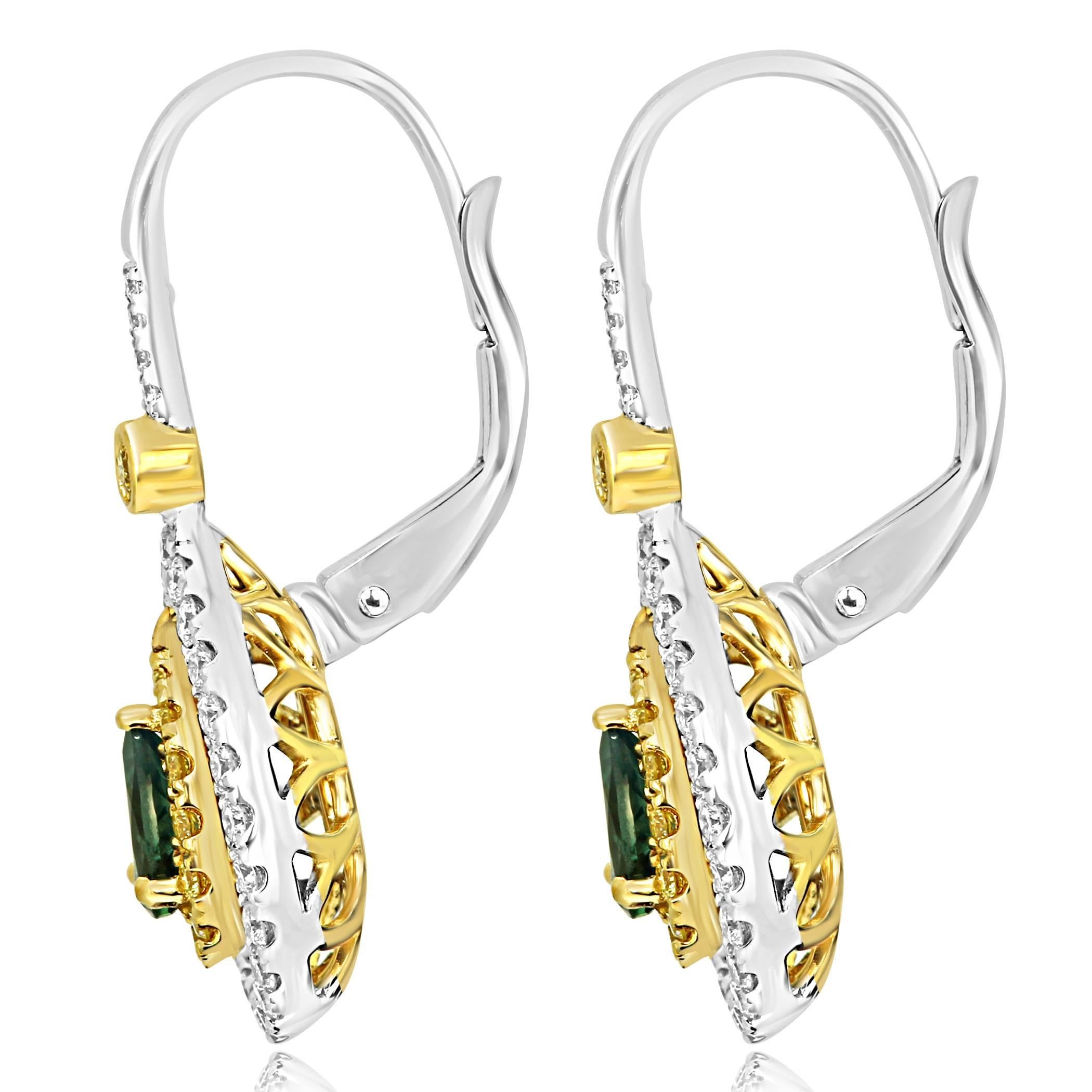 Contemporary Alexandrite Pear Round Diamond Double Halo Two-Color Gold Dangle Drop Earring