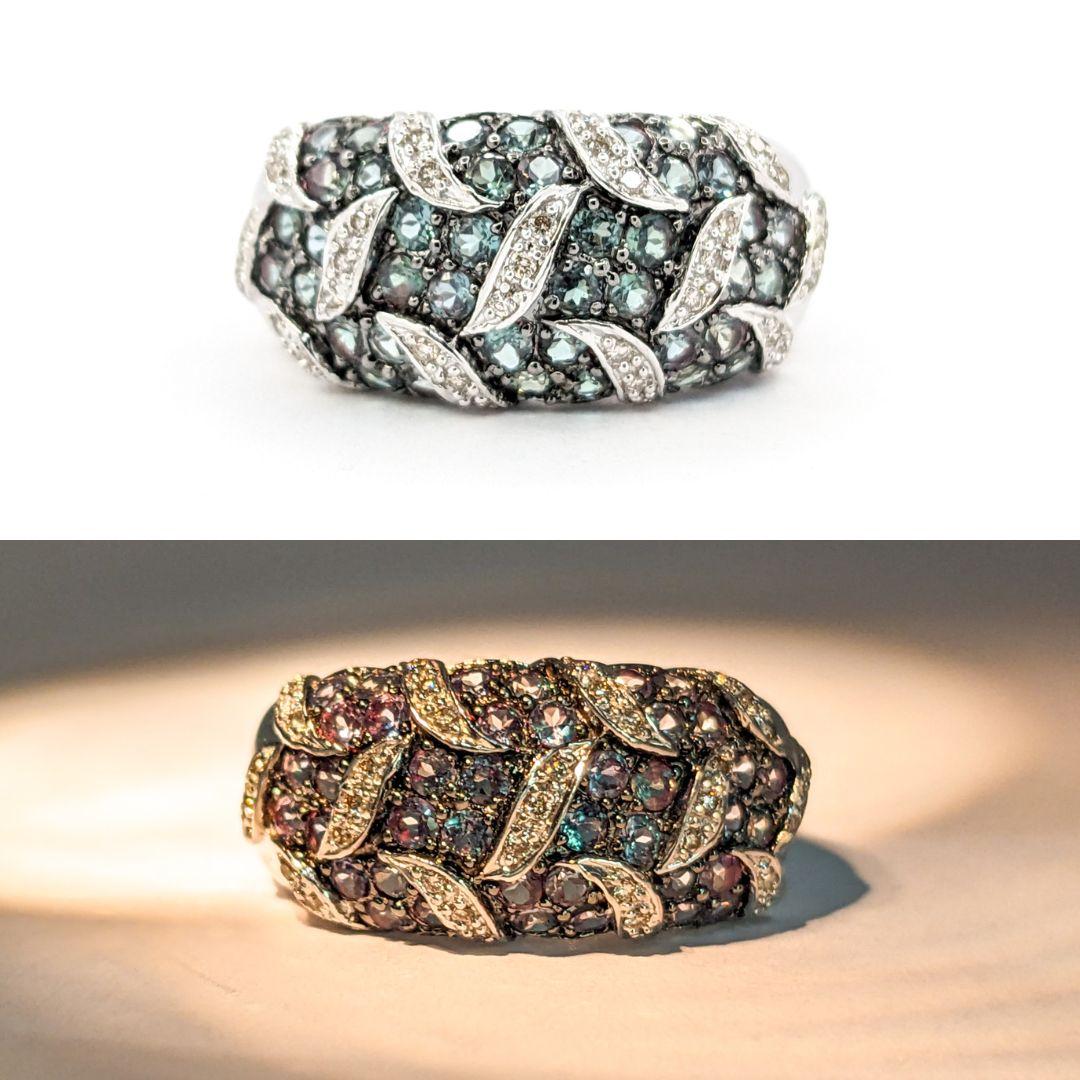 Alexandrite & Diamond LeVian Ring In White Gold

Introducing this exquisite LeVian gemstone ring, crafted in 14kt white gold. The ring showcases a stunning .80ctw Alexandrite centerpiece, known for its captivating color change properties,