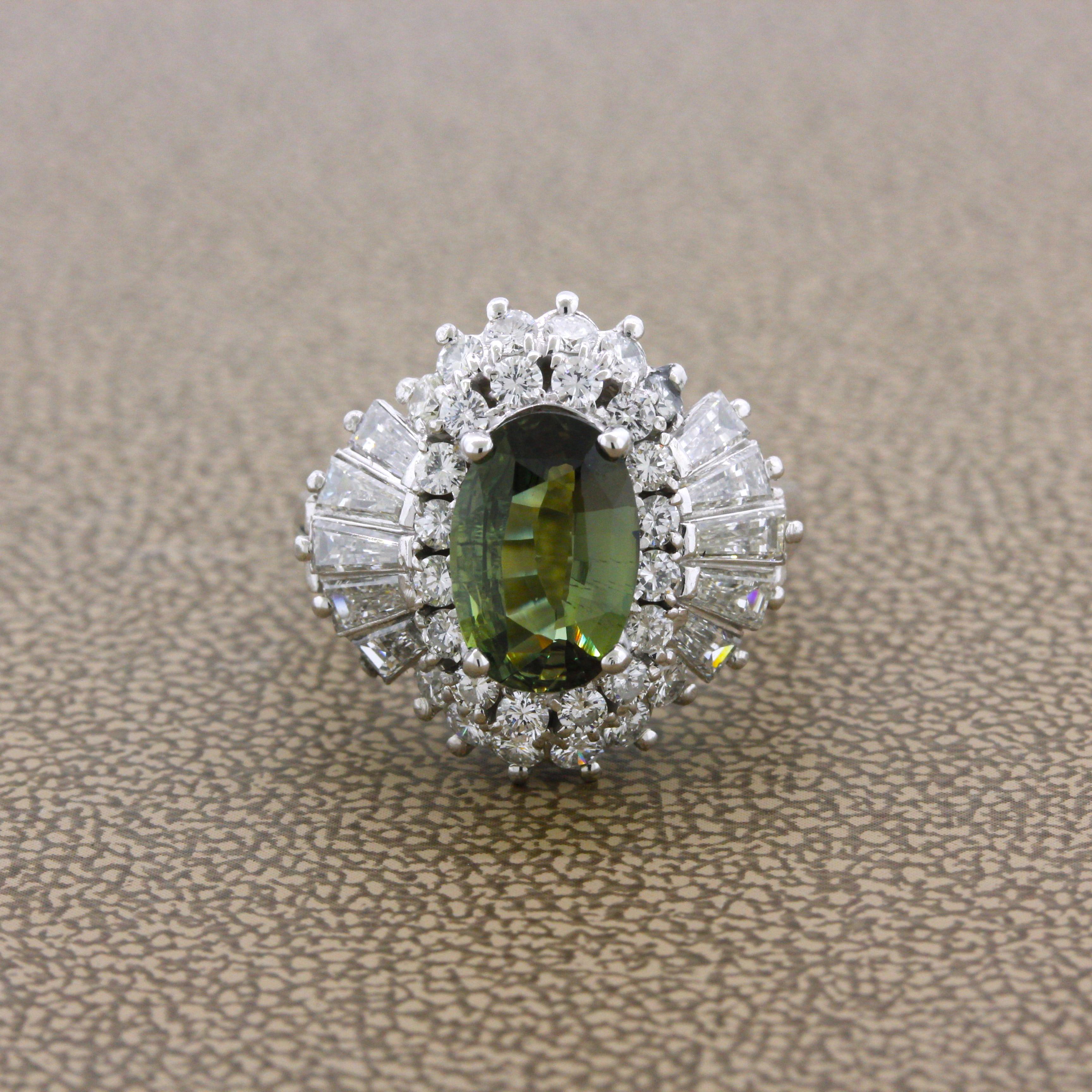 Cette bague élégante et raffinée est ornée d'une alexandrite naturelle de 1,69 carat certifiée par le GIA. Il a une belle forme ovale et longue avec un grand changement de couleur. Elle est complétée par 1,45 carats de diamants ronds de taille