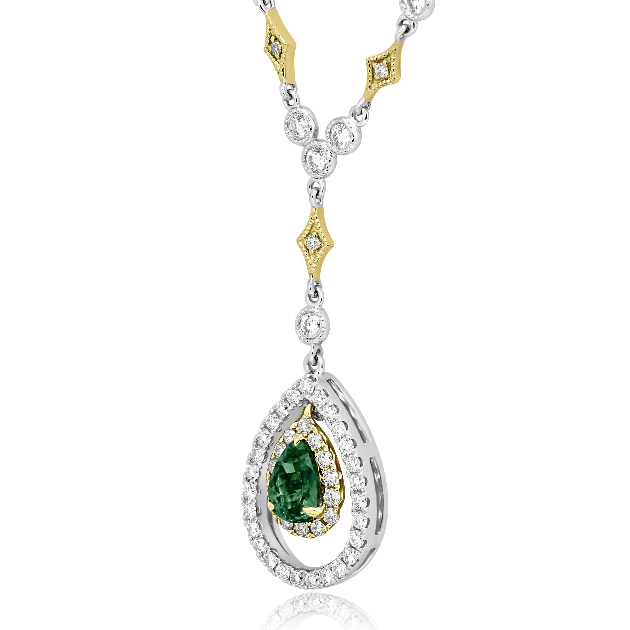 Good Color Change Stunning Alexandrite Pear 0.83 Carat Encircled in Double Halo of White Round Diamonds 1.08 Carat with Diamond By Yard Necklace in 14K White and Yellow Gold Stunning Necklace.

Center Alexandrite Weight 0.83 Carat
Total  Weight 1.91