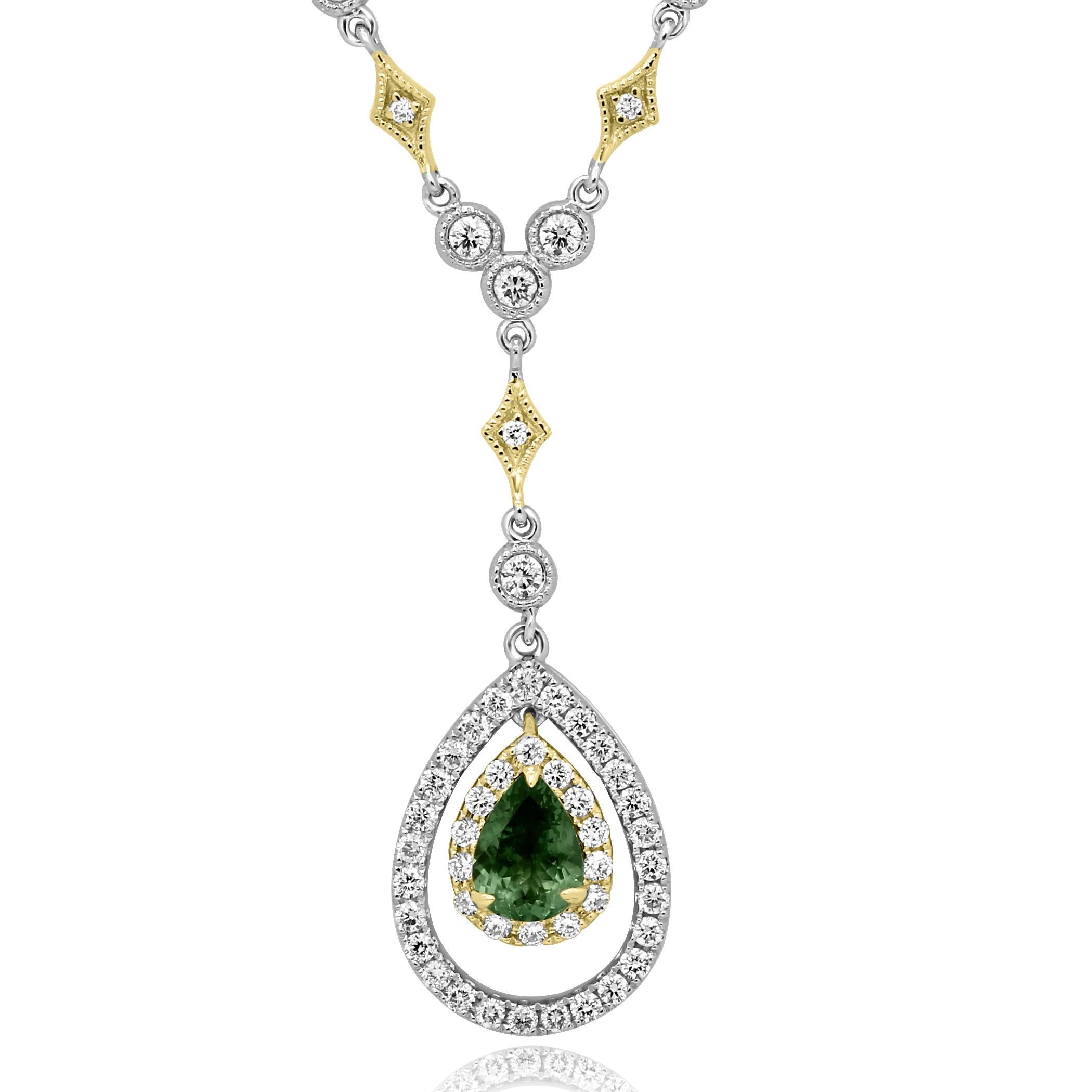 Pear Cut Alexandrite Diamond Round Double Halo Two Color Gold Diamond by Yard Necklace