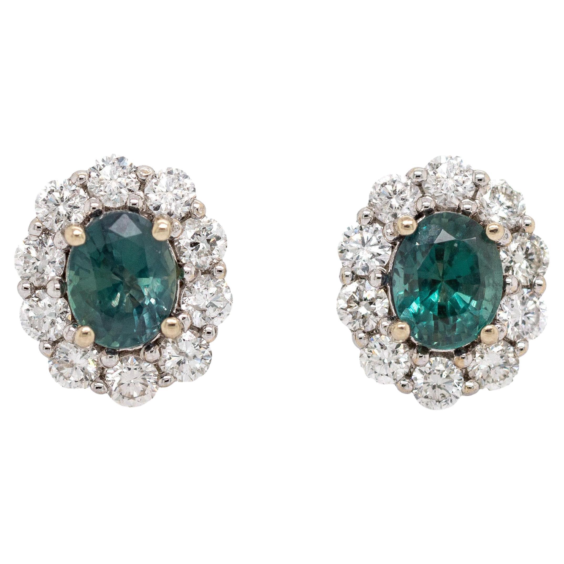 Boucles d'oreilles Alexandrite avec Halo en Diamant Naturel : Or blanc massif 14K  OV 5x4mm
